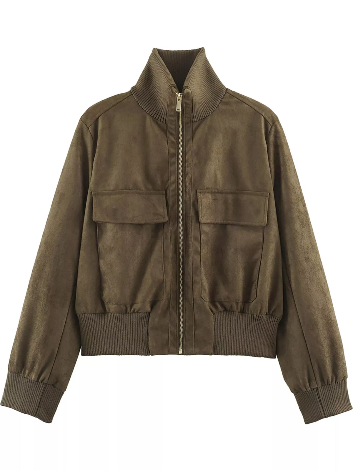 Front zip-up long-sleeve jacket in olive with two chest pockets and ribbed cuffs