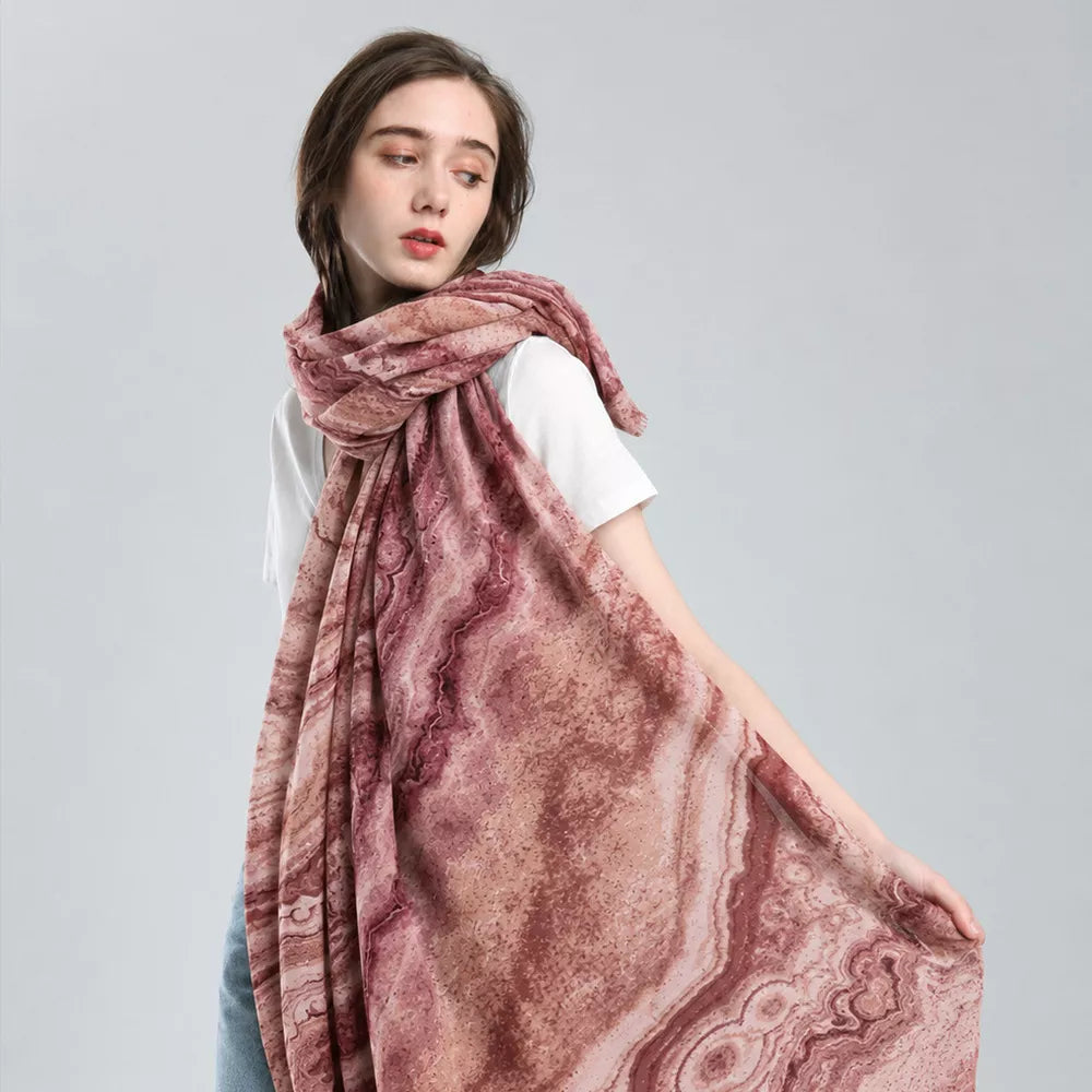 Dusty rose marble print foil scarf with flowing drape