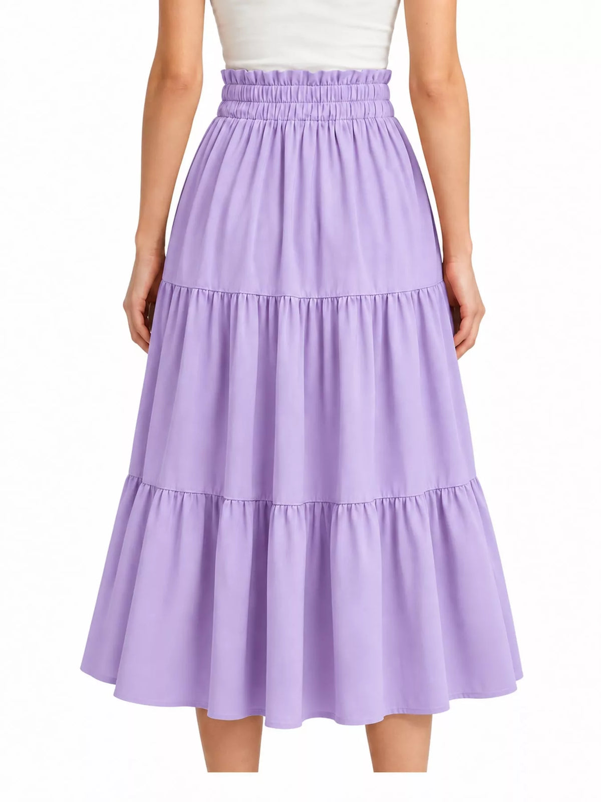 Lavender tiered midi skirt with elastic waistband and layered ruffle panels