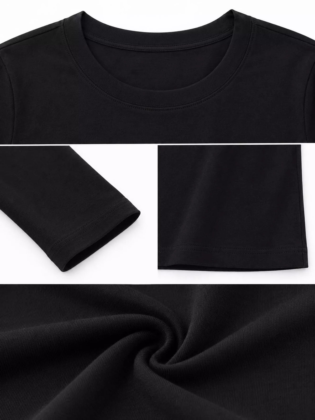 Black long sleeve crew neck T-shirt fabric close-up showing soft knit and stitching.