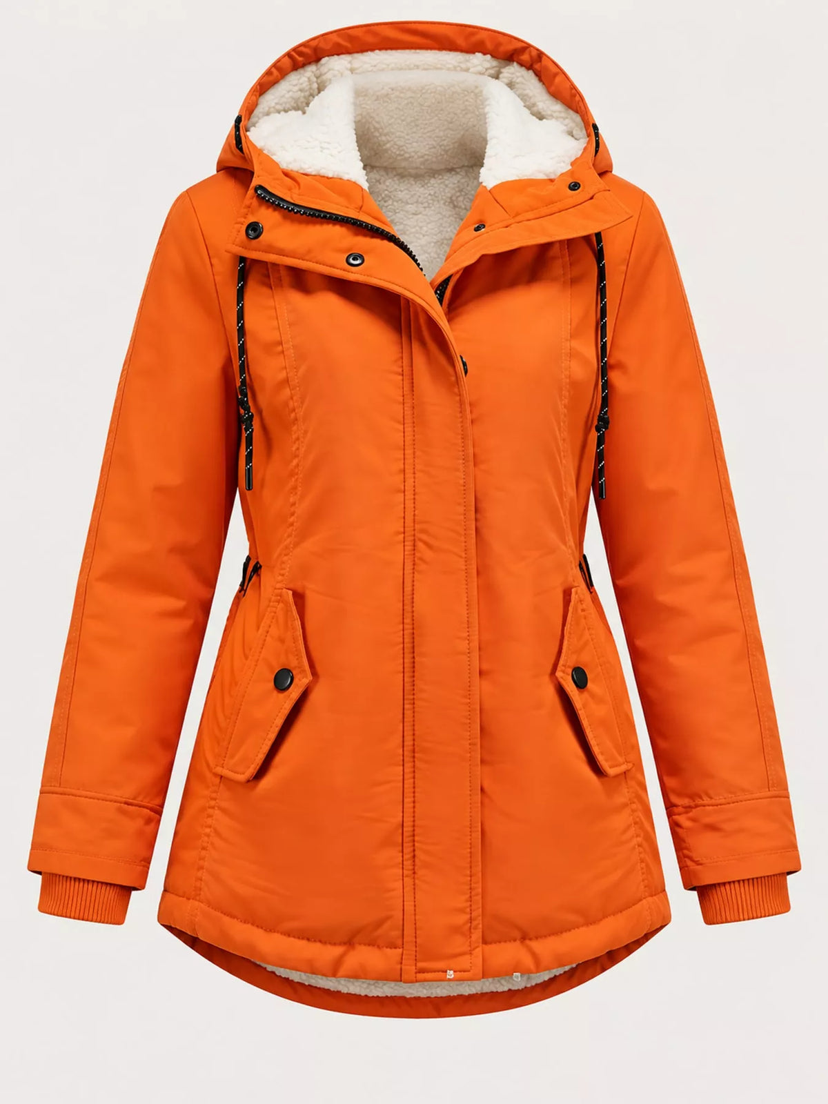 Orange sherpa-lined hooded parka with snap-button flap pockets and front zip