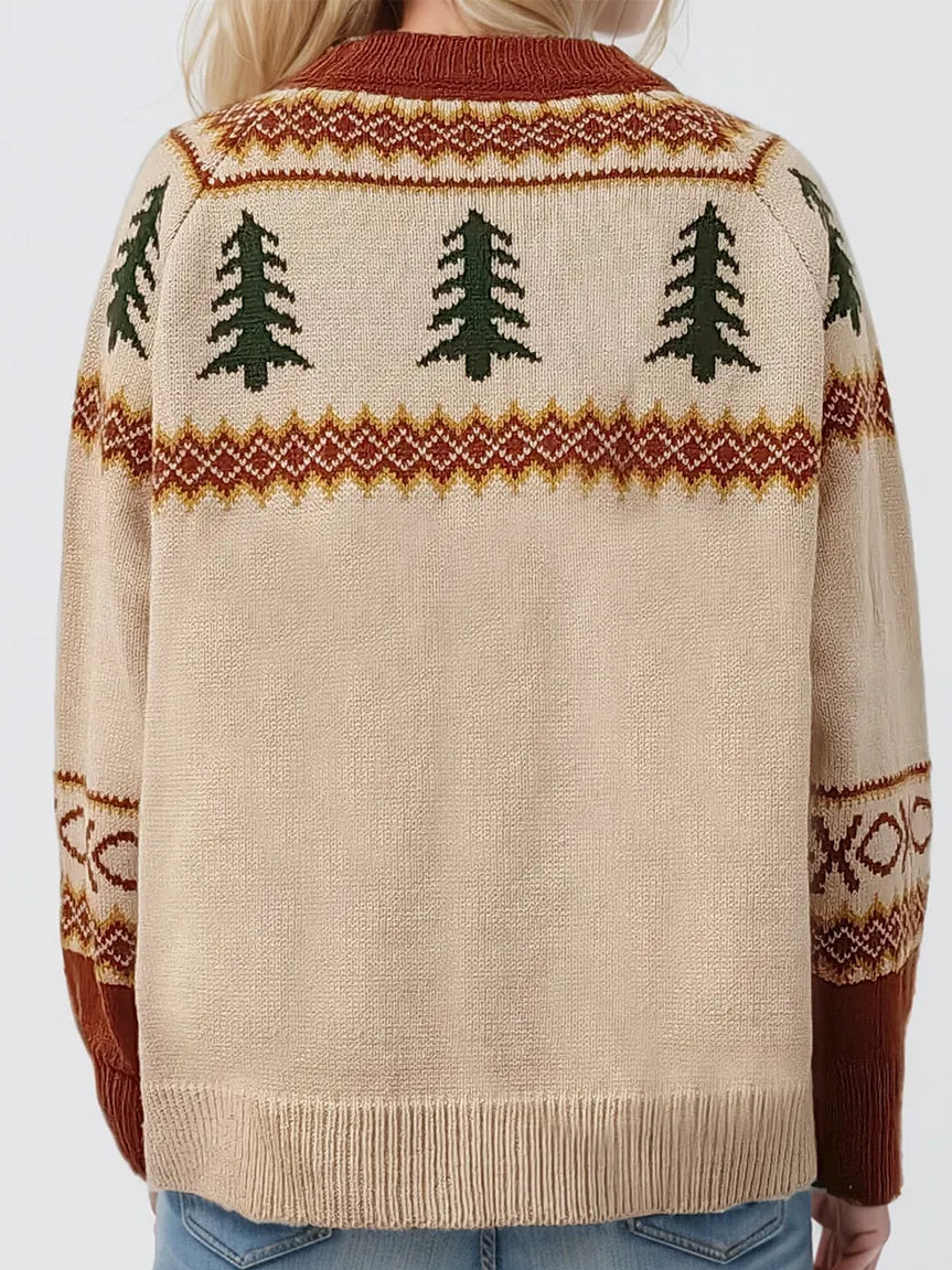 Tan knit round-neck sweater, back view, with green tree fair isle pattern
