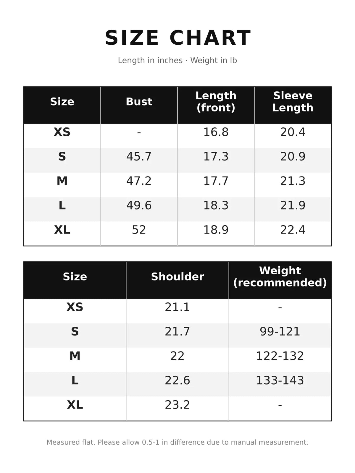 Jacket size chart table: bust, length, sleeve length, and weight recommendations by size