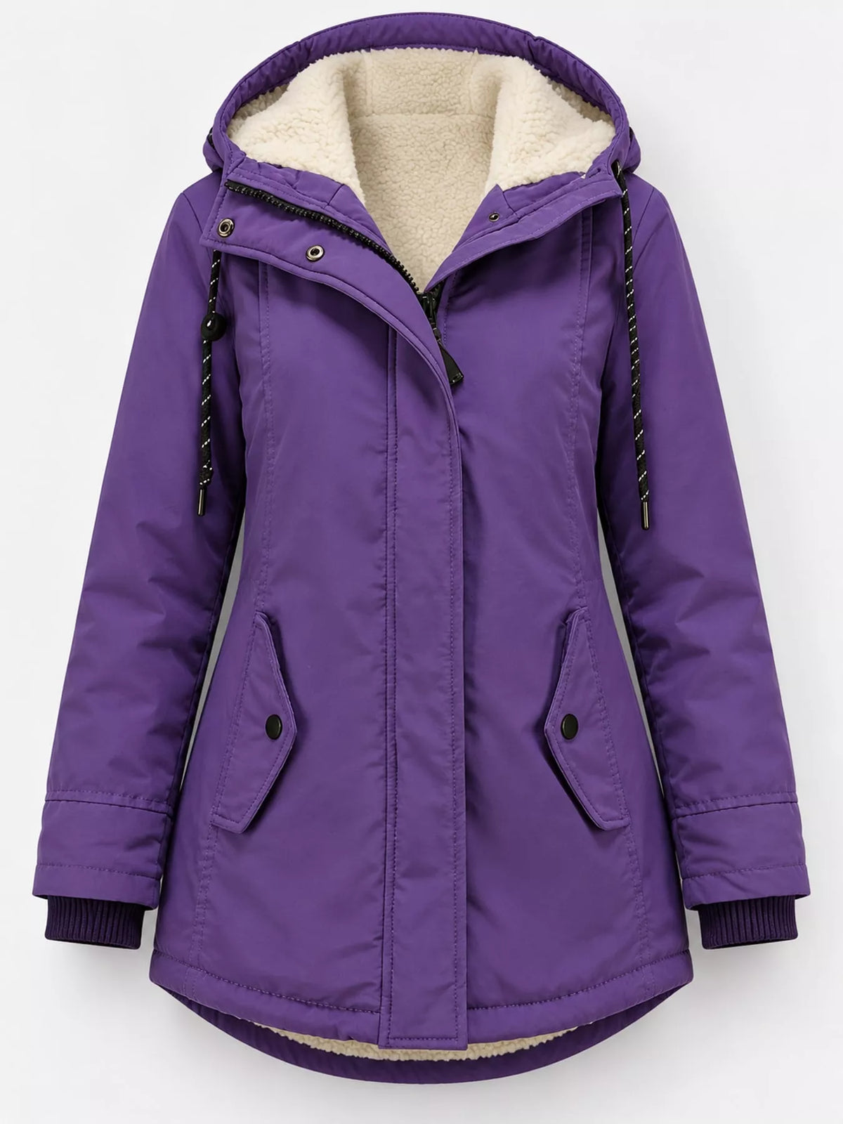 Sherpa-lined hooded purple parka with toggle-style button flap and drawstring cords