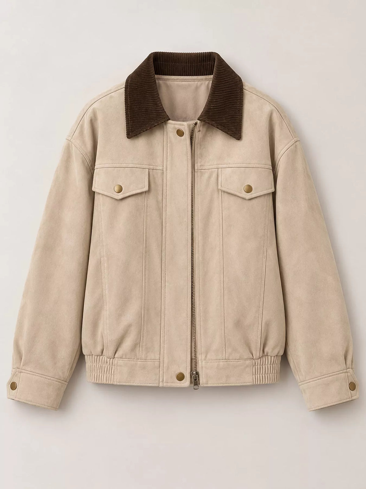 Apricot/beige front zip jacket with dark collar, snap pockets, and ribbed waistband