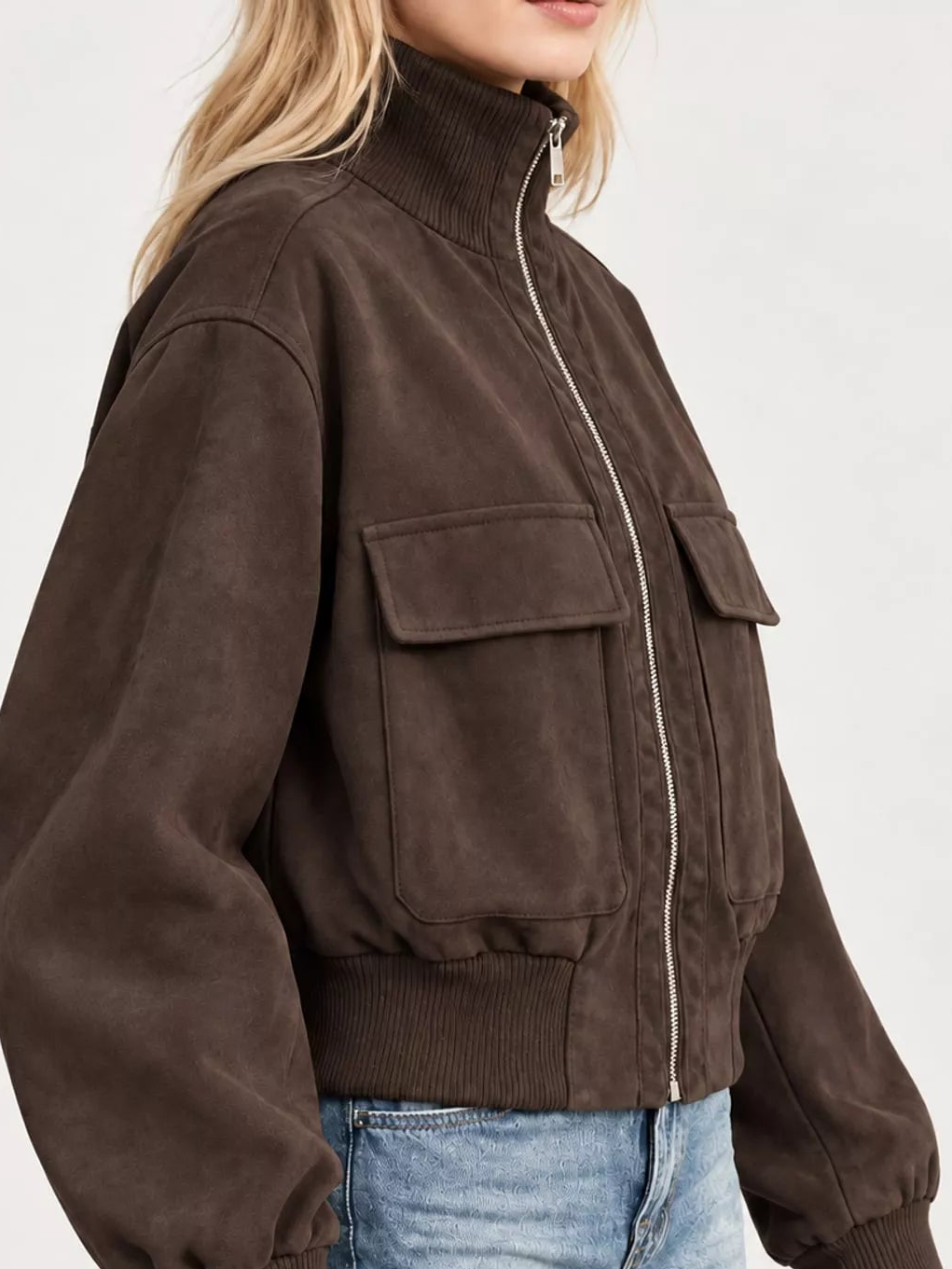 Mocca brown zip-up jacket with ribbed mock neck, zip front, and front patch pocket