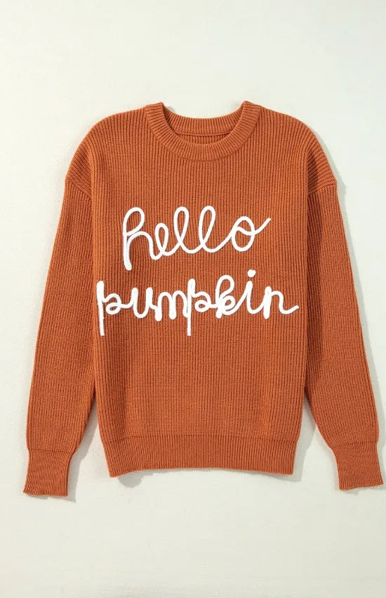 Terracotta long-sleeve crewneck sweater with 'Hello pumpkin' lettering