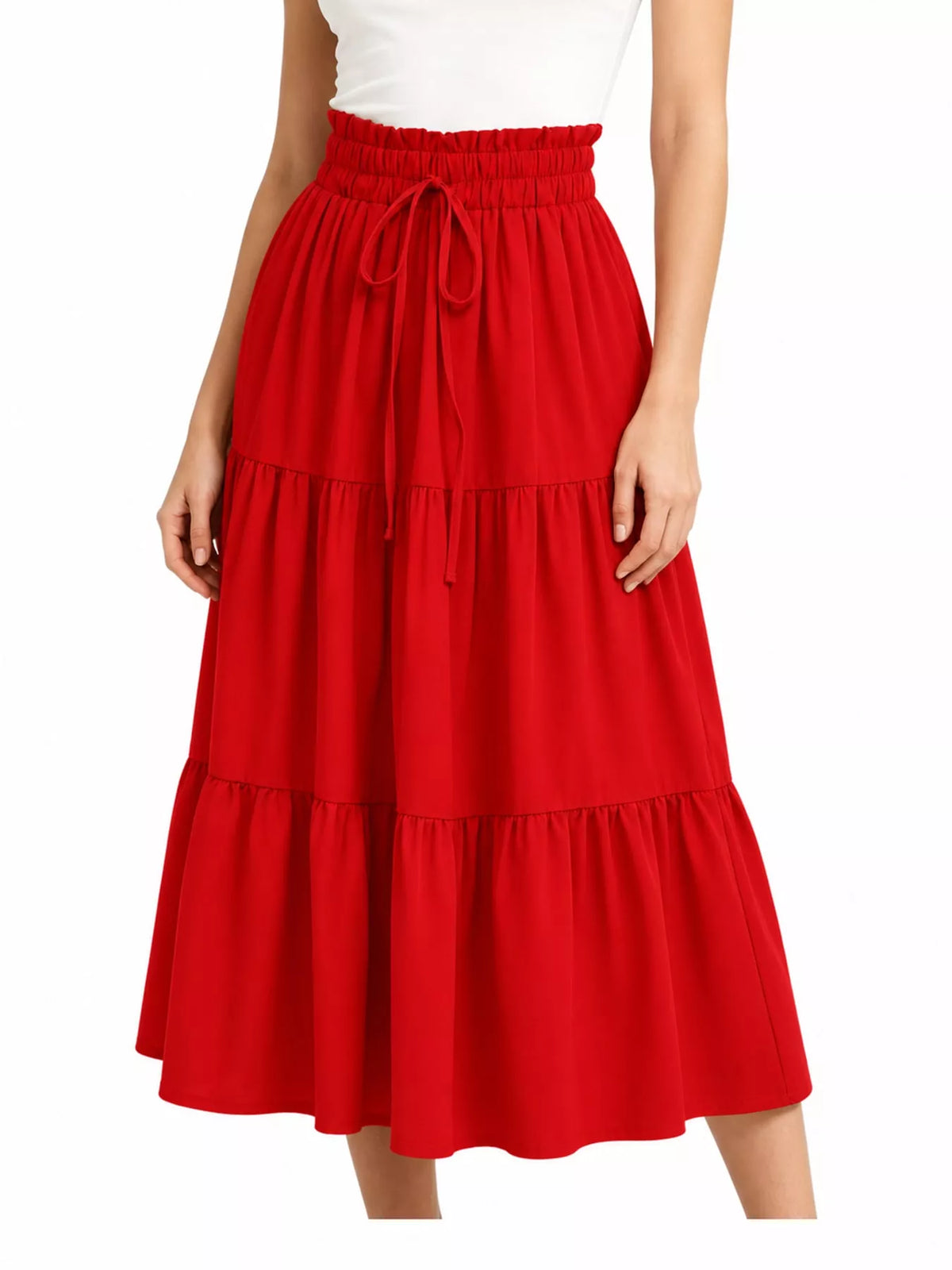 Red tiered midi skirt with elastic waist and layered ruffle tiers