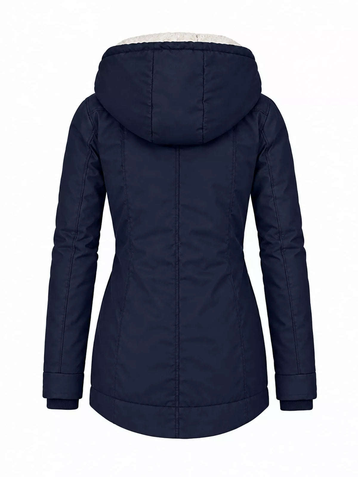 Sherpa-lined hooded parka in navy with quilted body and full-length sleeves.