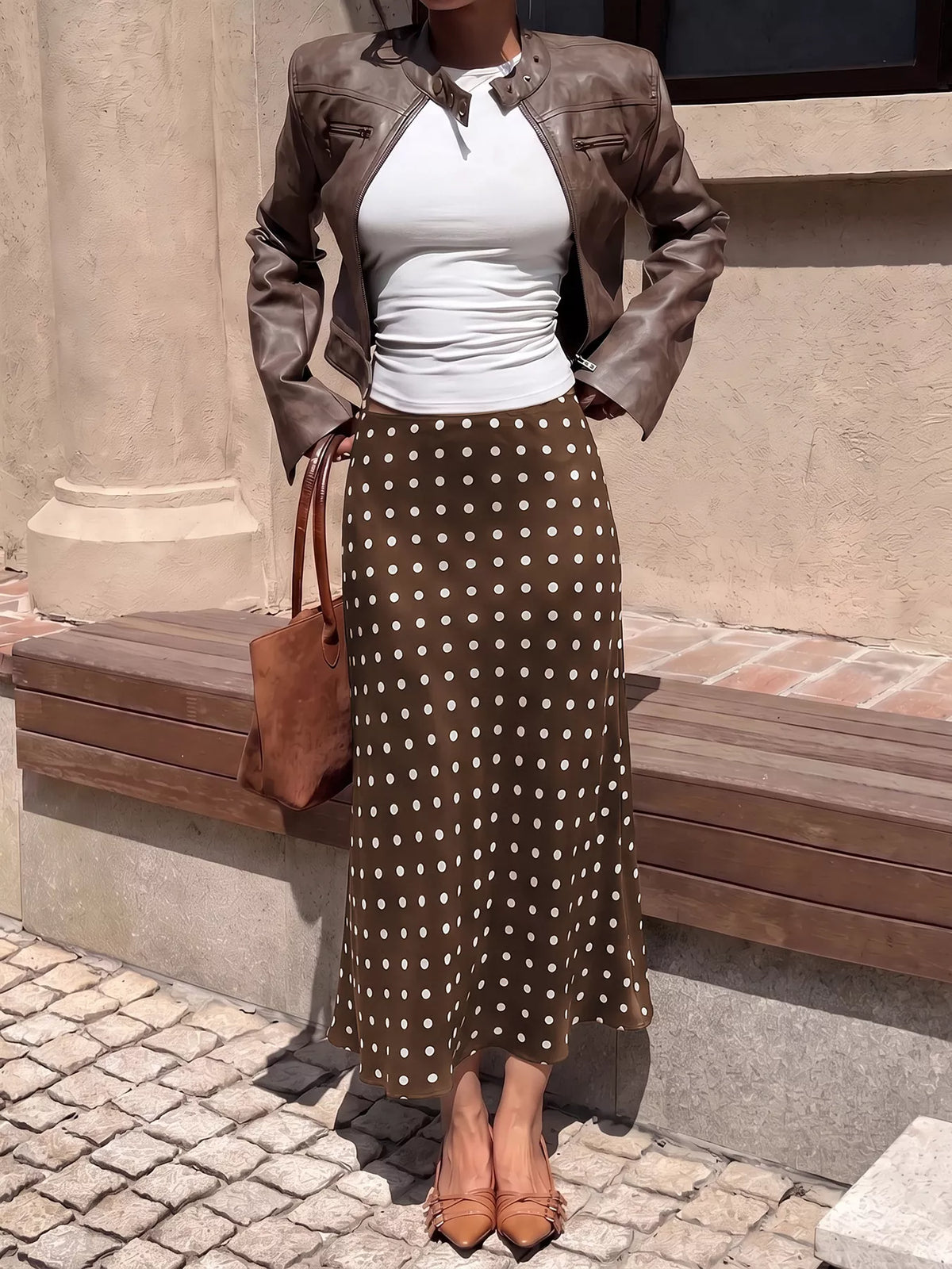 Brown polka-dot midi skirt, high waist and flowy A-line drape