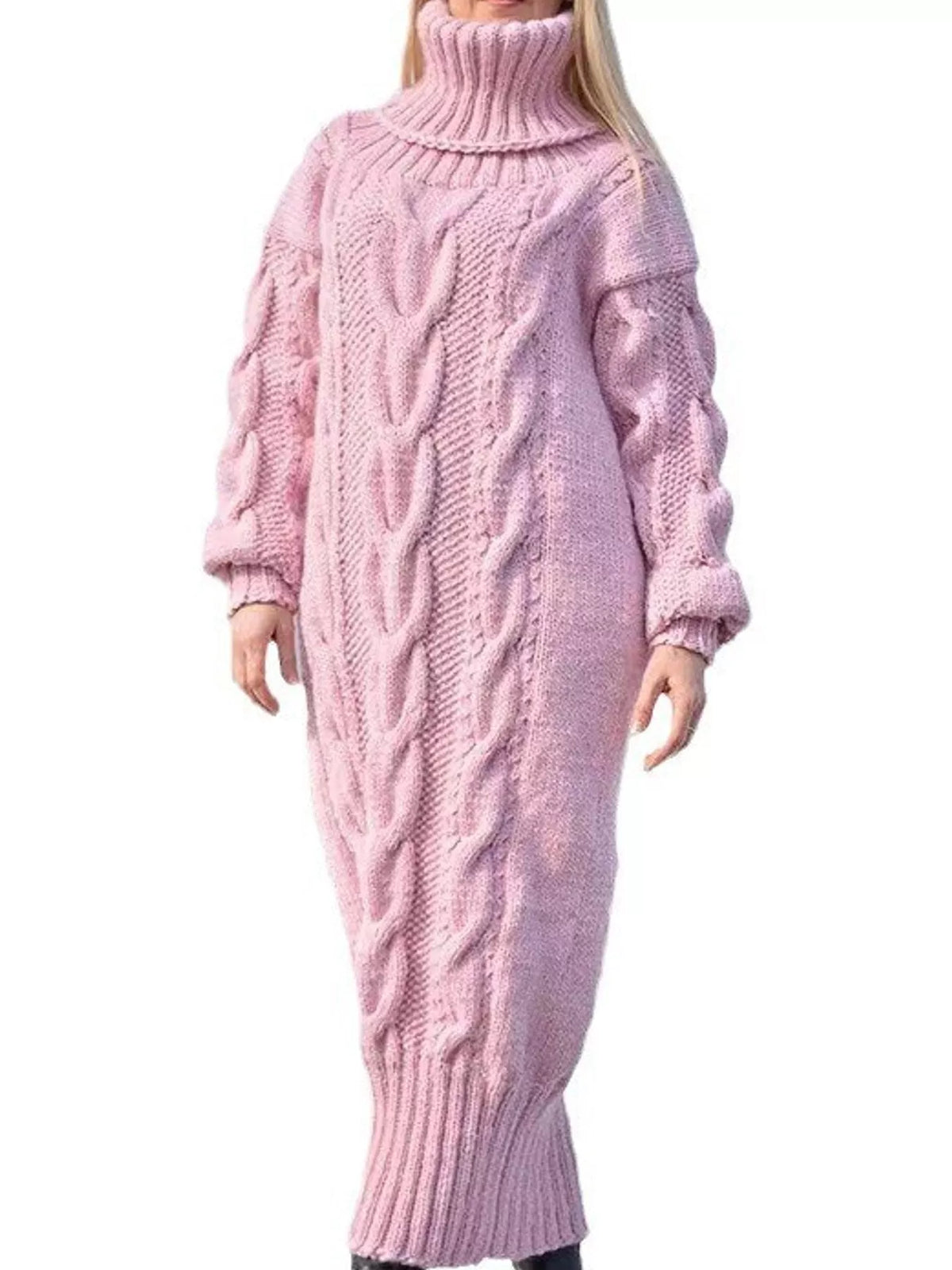 Chunky cable knit turtleneck sweater dress, long sleeves, pink textured knit
