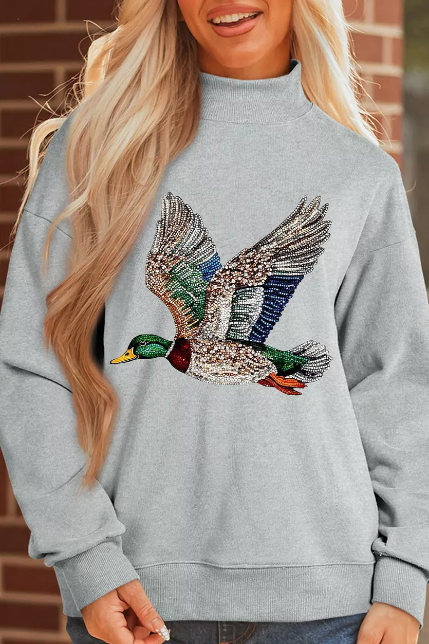 Gray mock-neck sweatshirt with sequin mallard duck chest graphic and relaxed fit