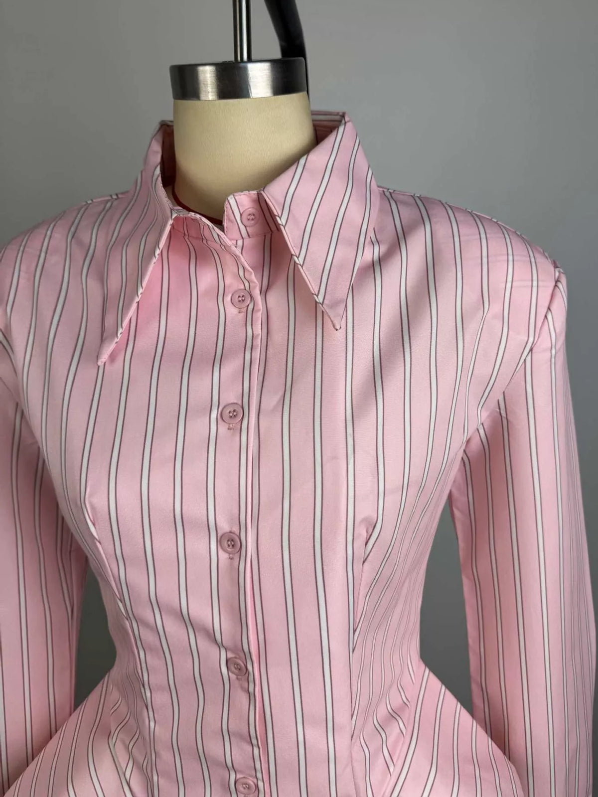 Pink-and-white vertical striped button-up long sleeve shirt, point collar, button front