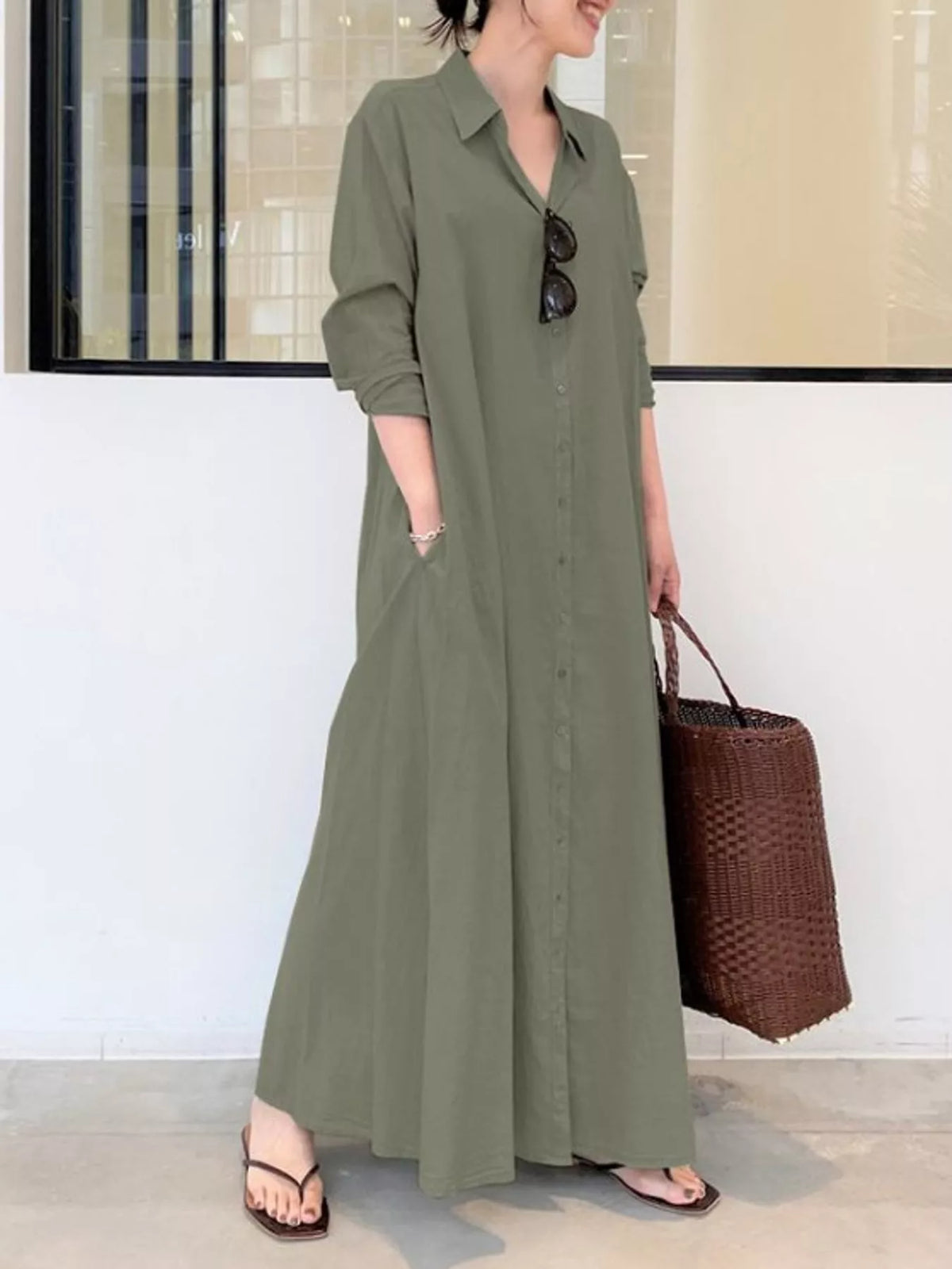 Olive green long sleeve button-front maxi shirt dress with gathered pleat skirt