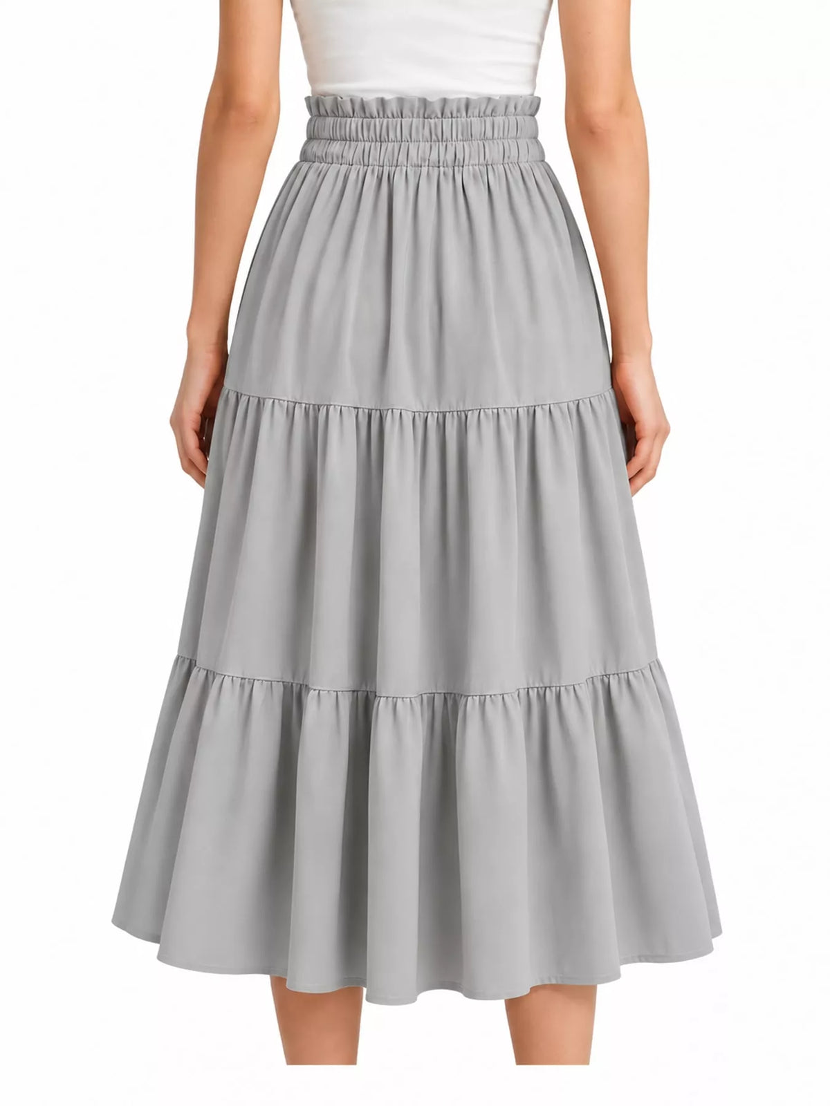 Light gray tiered midi skirt with elastic waist and three-layer gathered design