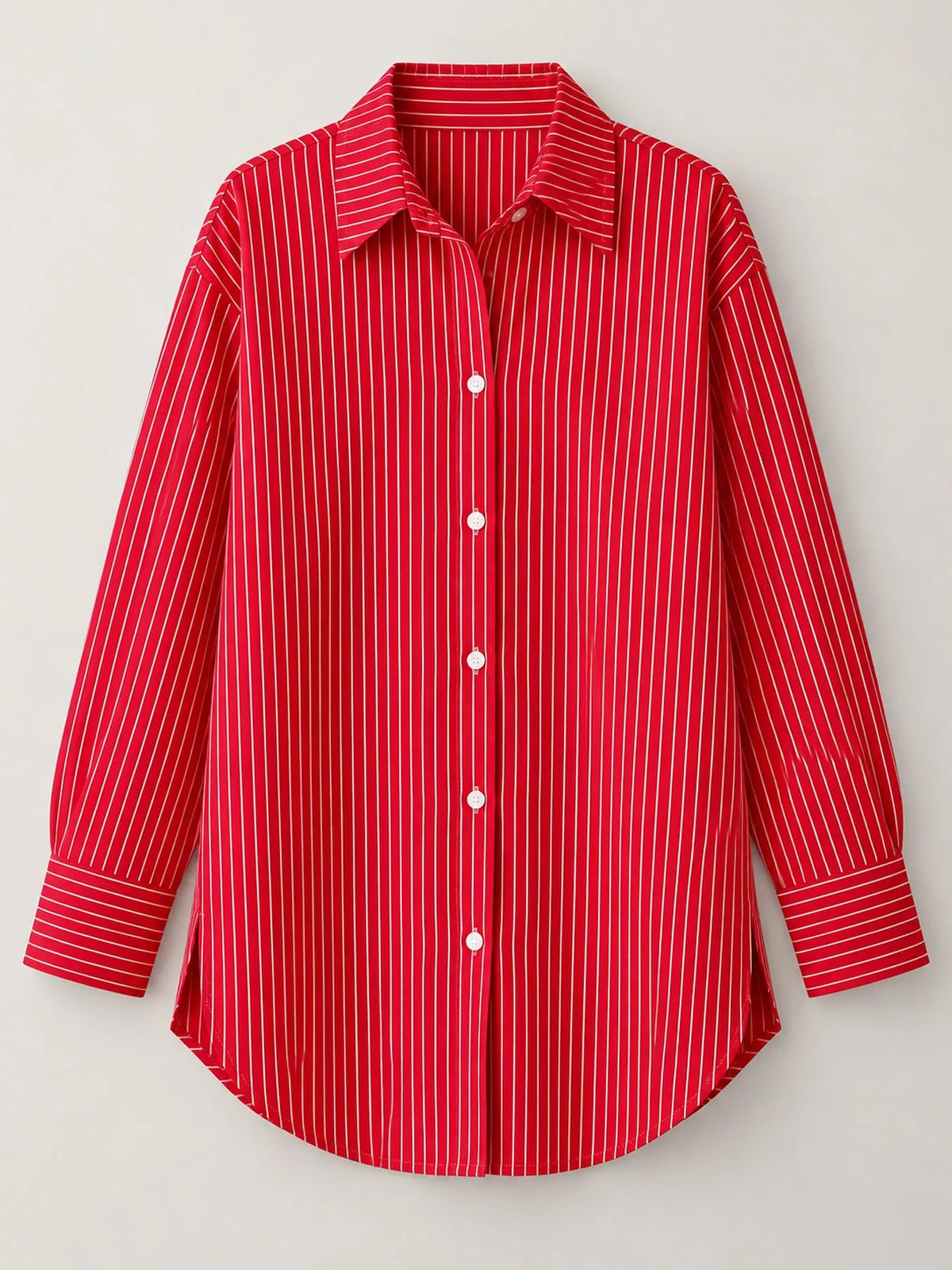Red and white striped long-sleeve button-up shirt, front view