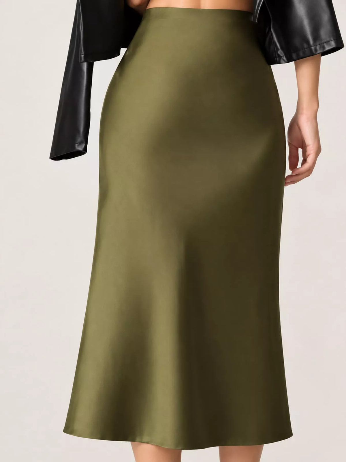 High-waisted satin midi skirt in olive green with smooth fall and straight hemline
