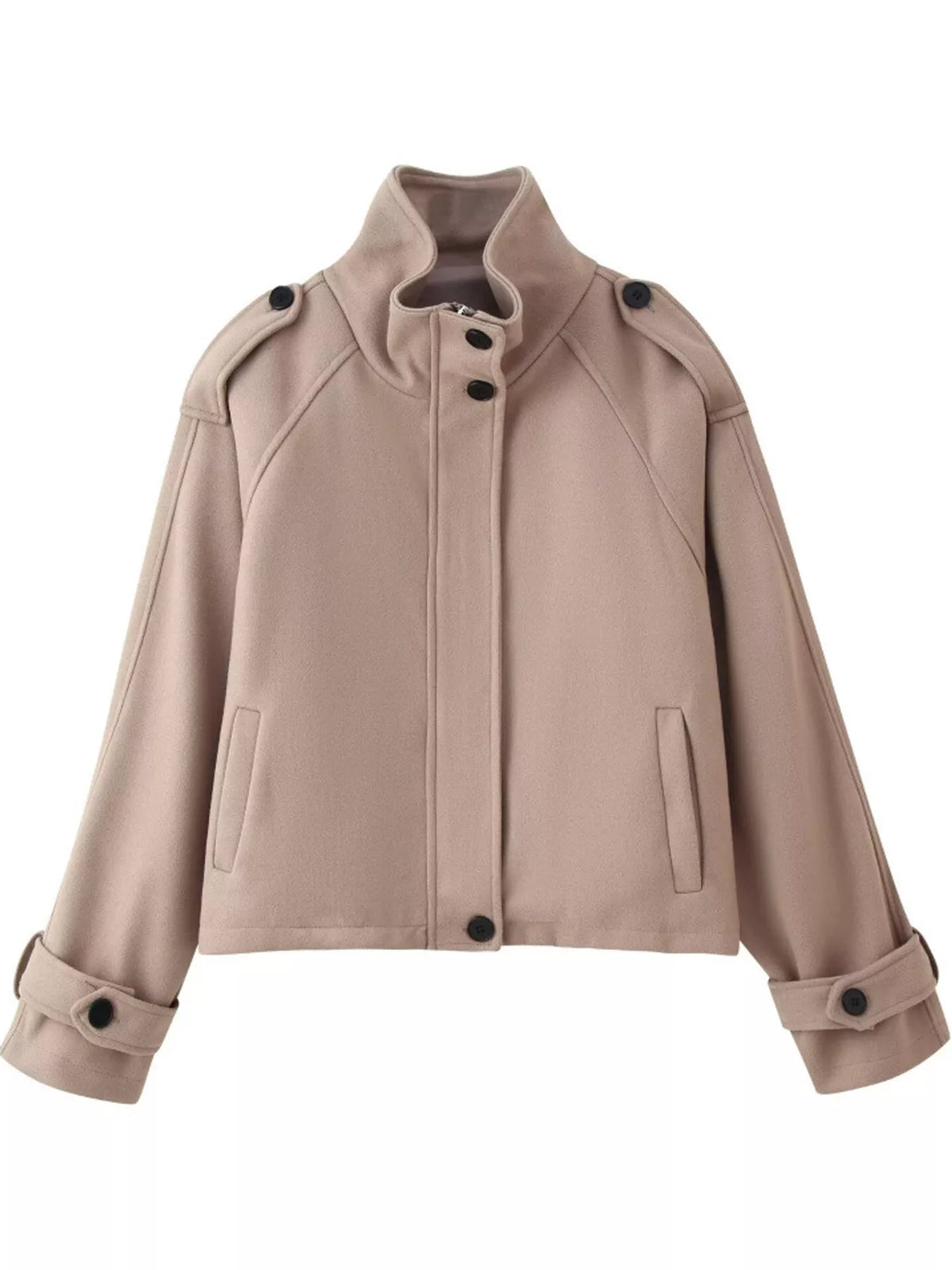 Taupe zip-up stand-collar jacket with front pockets and buttoned front