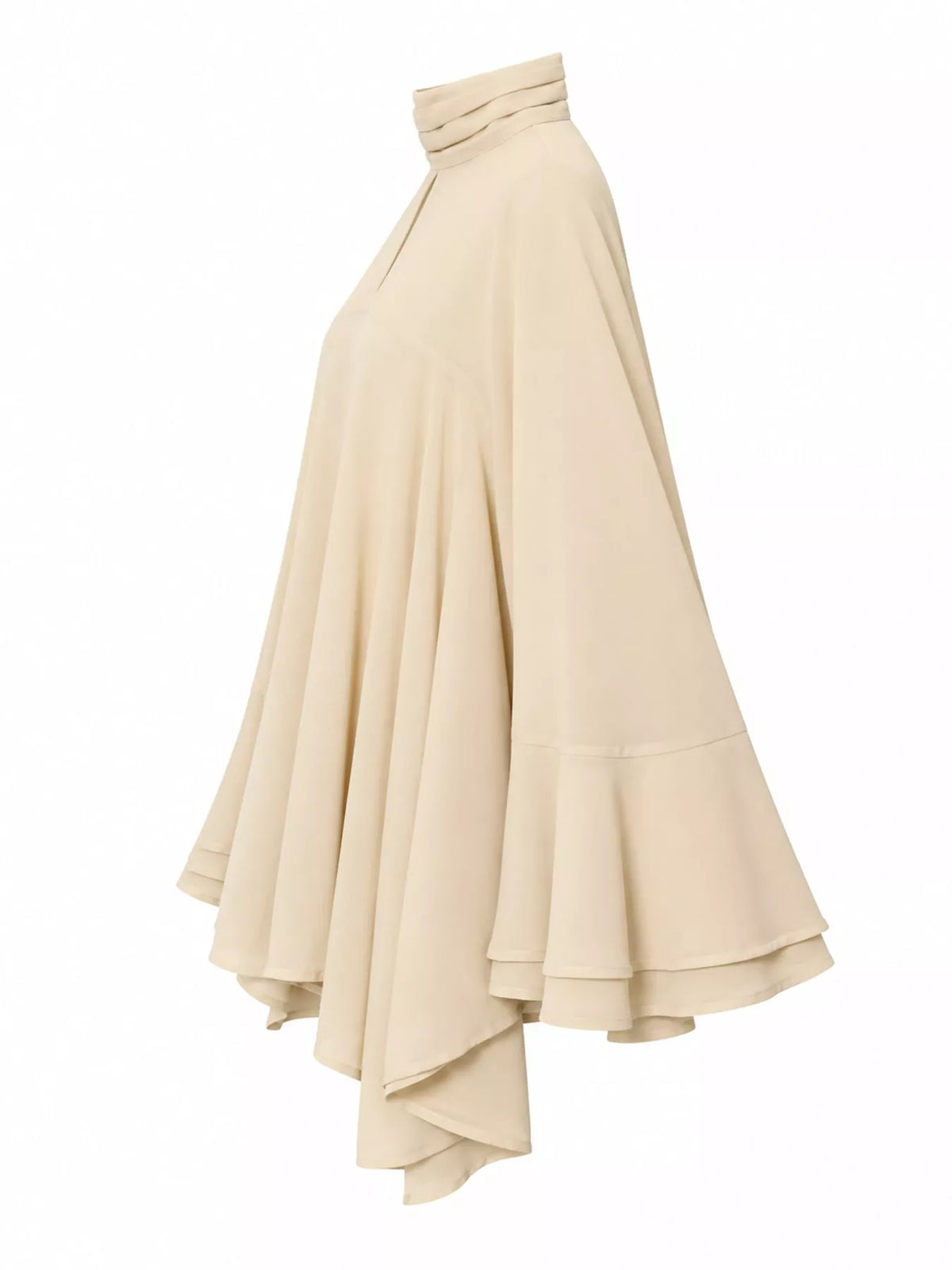 Side view of the flowing apricot cover-up with layered flared sleeves
