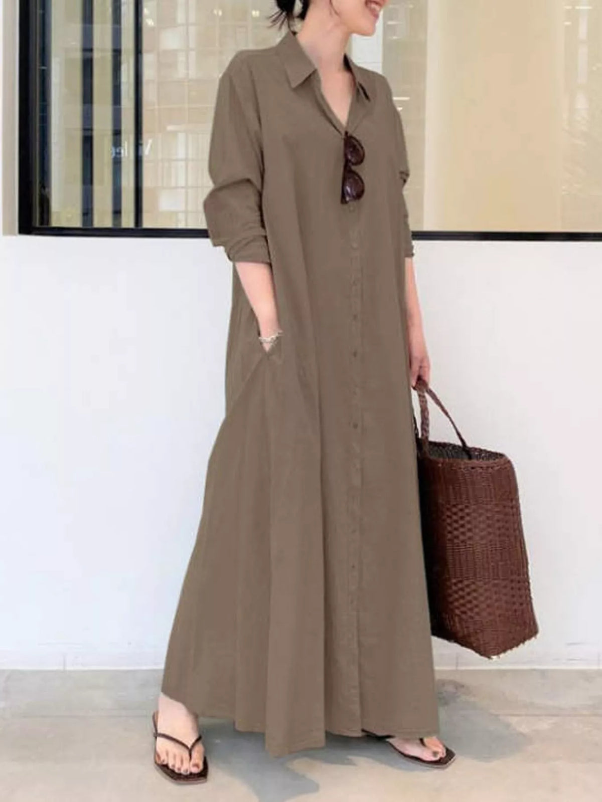 Olive brown button-front long sleeve maxi shirt dress with V-neck collar