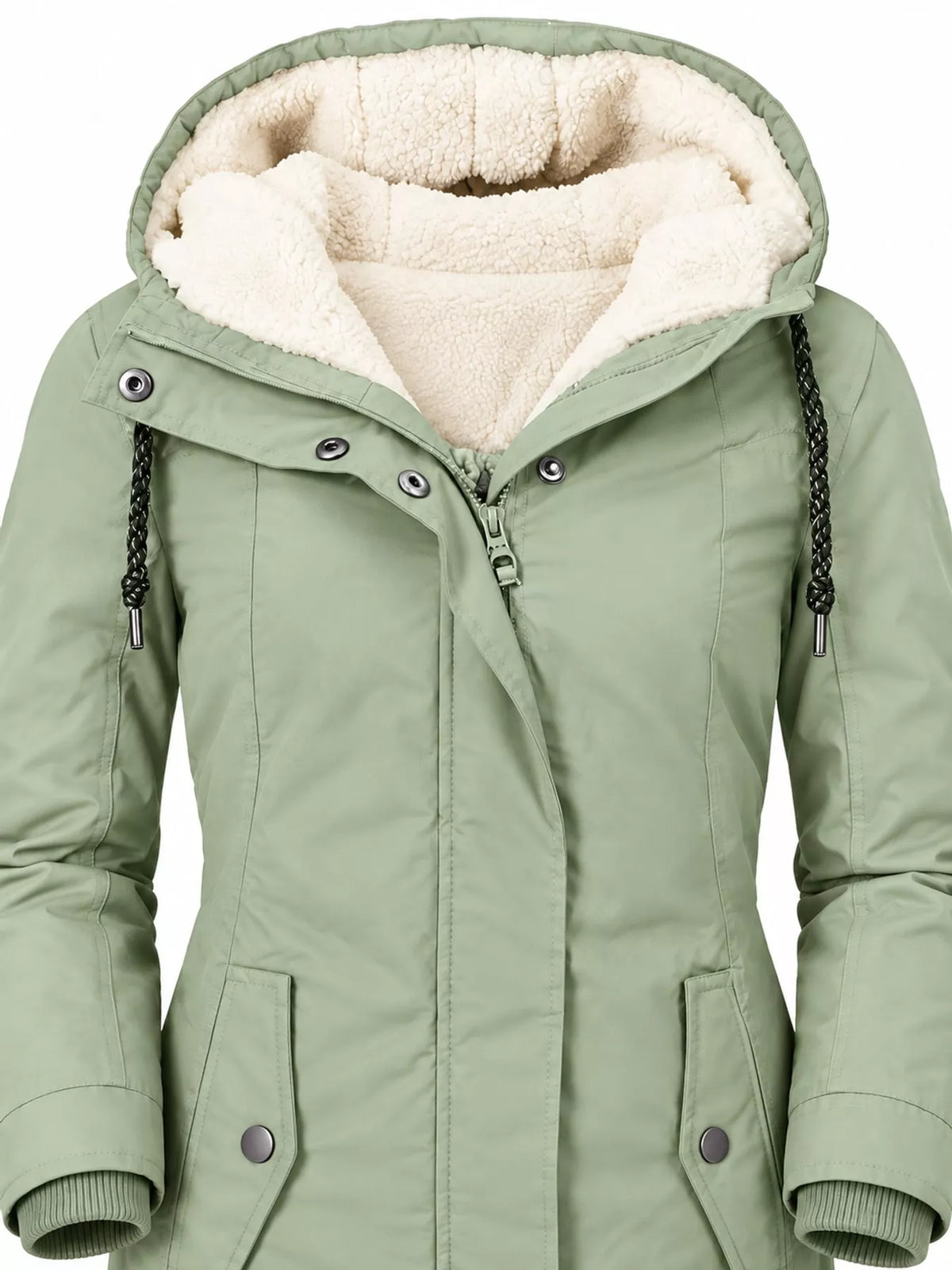 Light green hooded sherpa-lined parka front close-up with zipper and snap details