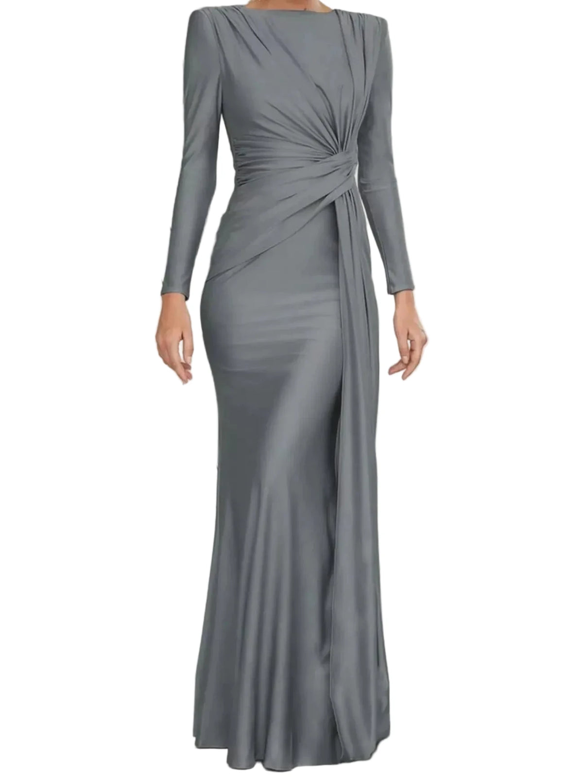 Gray twisted long-sleeve maxi dress with side ruched knot and flowing skirt
