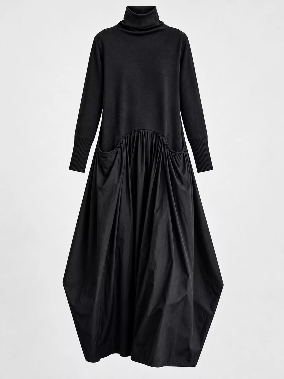 Black turtleneck long-sleeve maxi dress with gathered skirt and draped volume