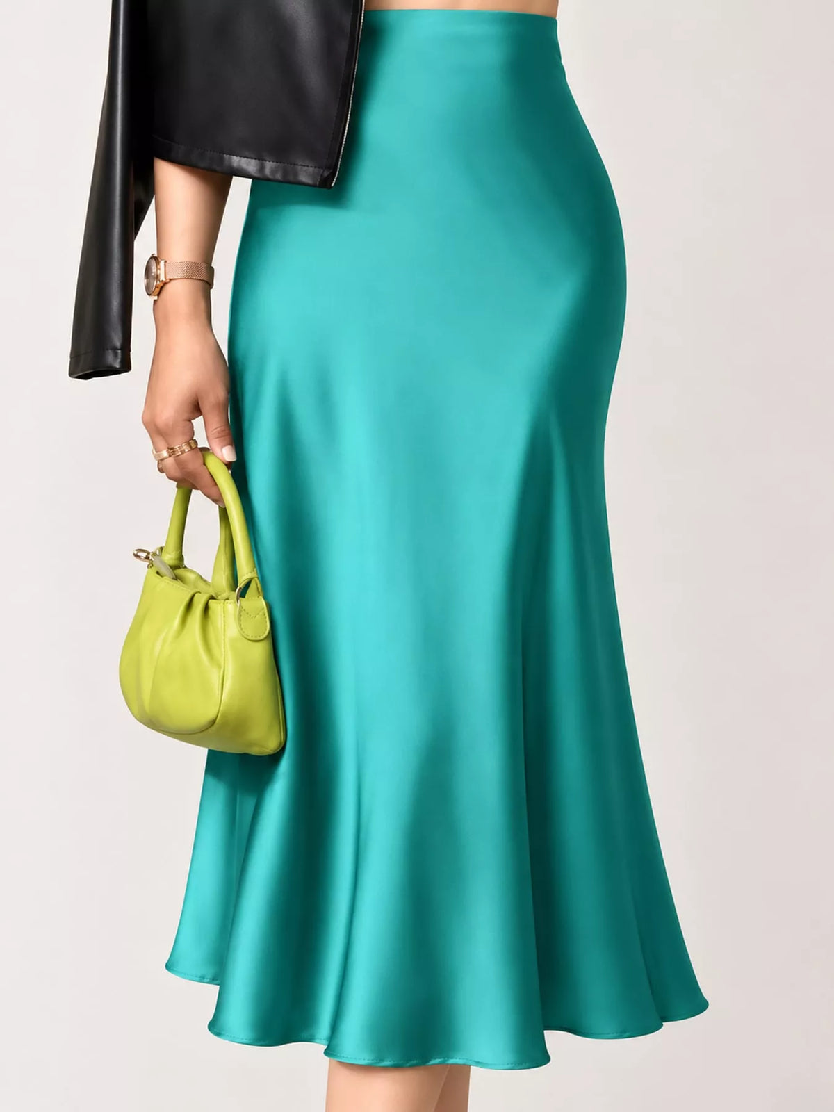 High-waisted satin midi skirt in teal, flared A-line silhouette