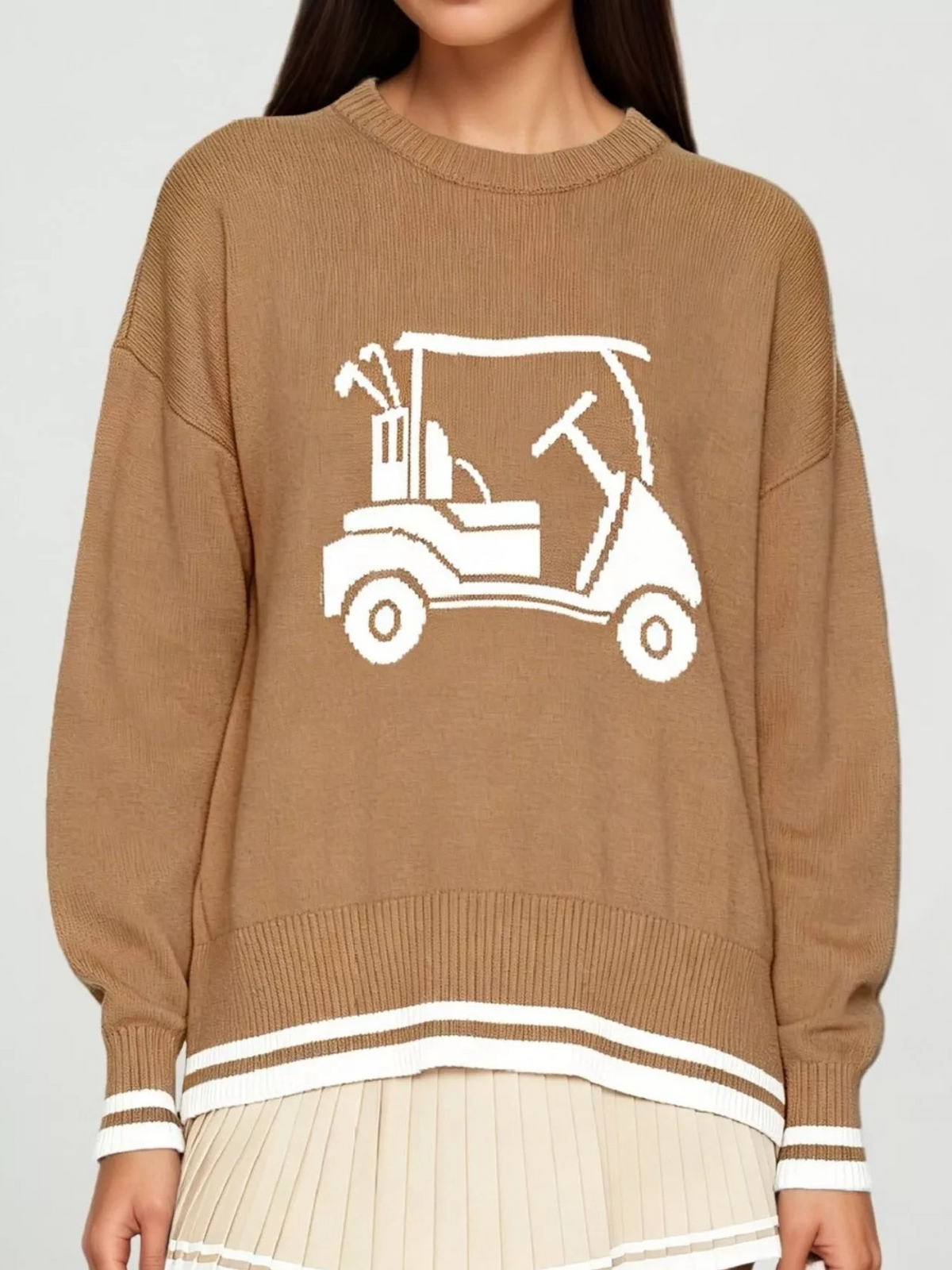Khaki golf cart graphic sweater with ribbed cuffs and crew neck; white striped hem