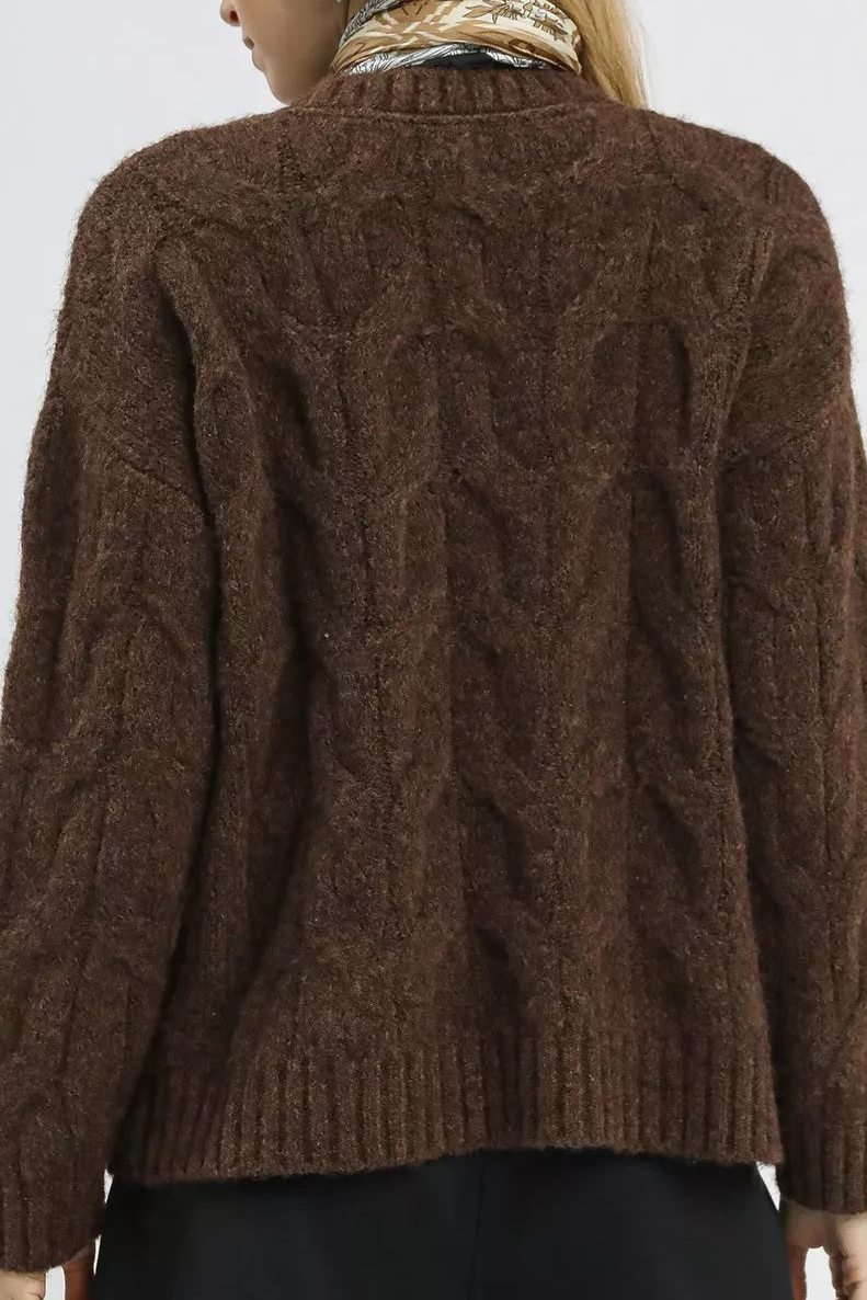 Brown cable-knit sweater back with ribbed hem and collar, long sleeves