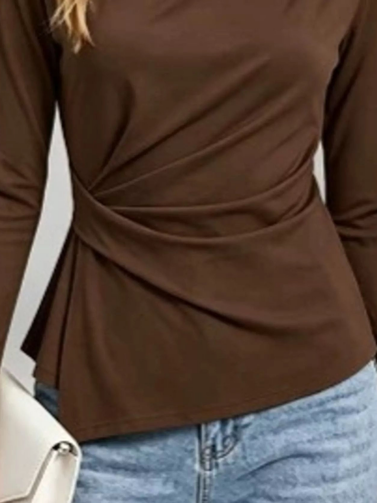 Ruched-waist long-sleeve T-shirt close-up, gathered front waist in brown