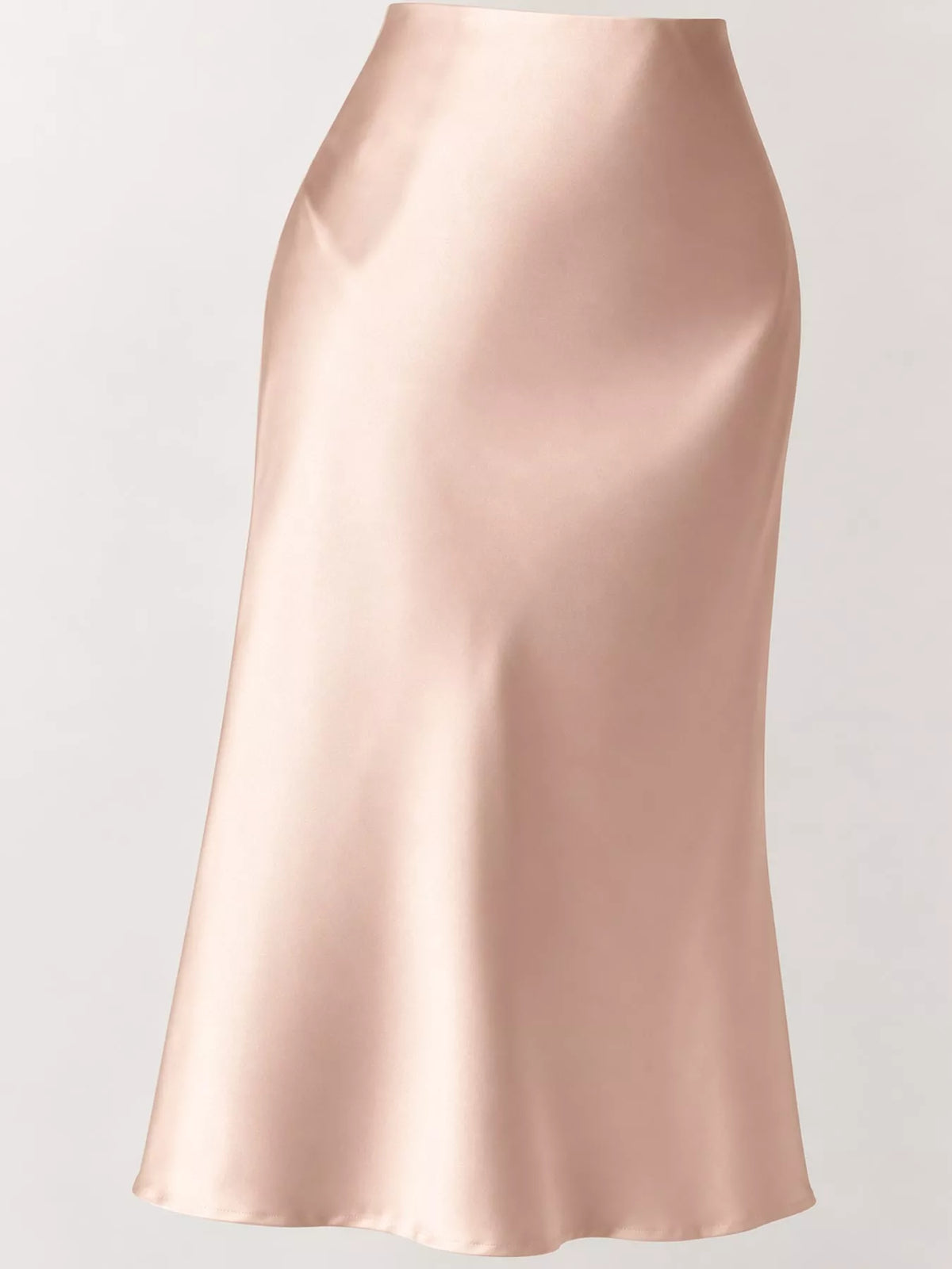 High-waisted satin midi skirt in nude, fitted waist and softly flared bottom