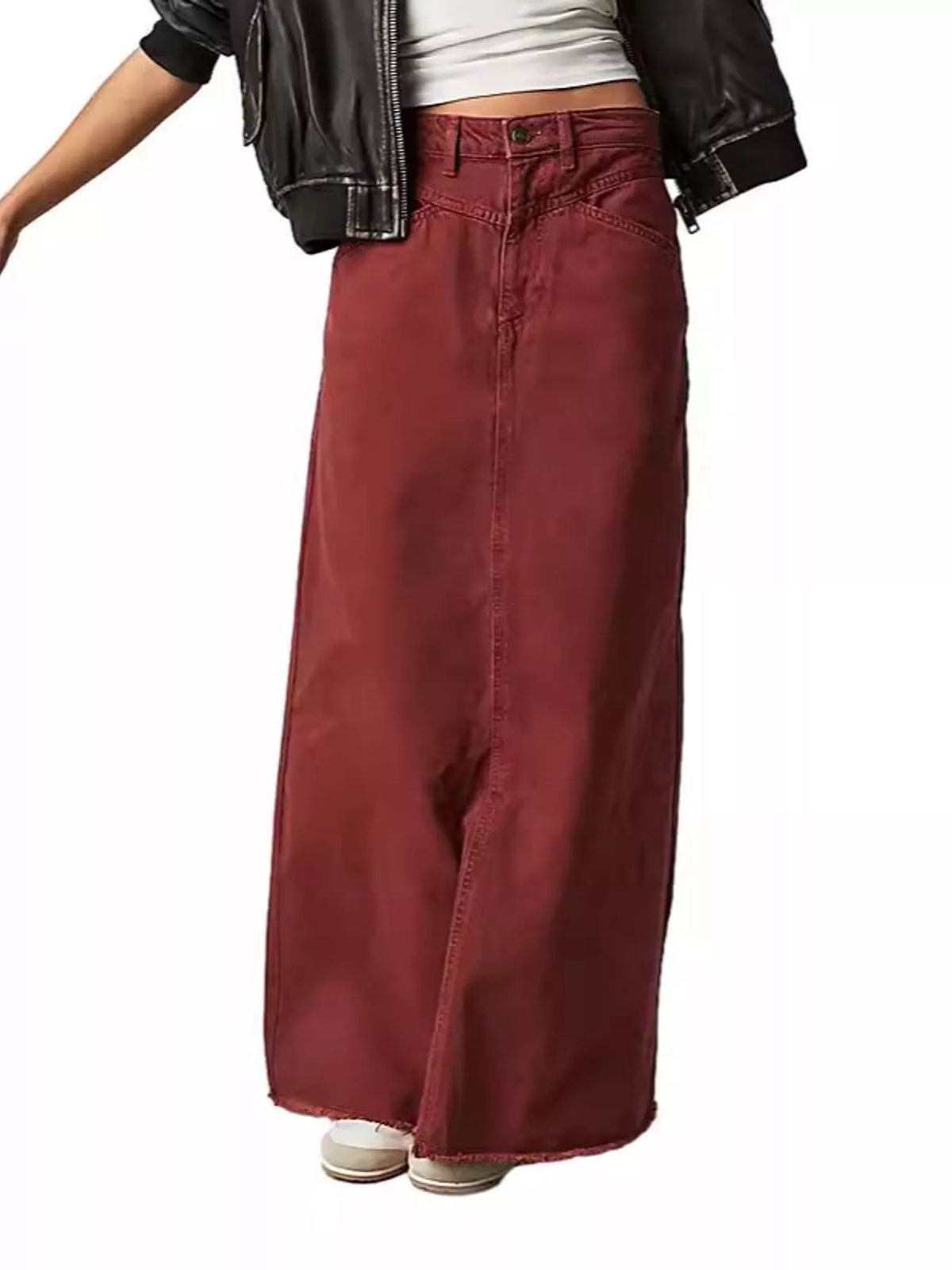 Burgundy long denim skirt with raw hem, button front, and curved side pockets