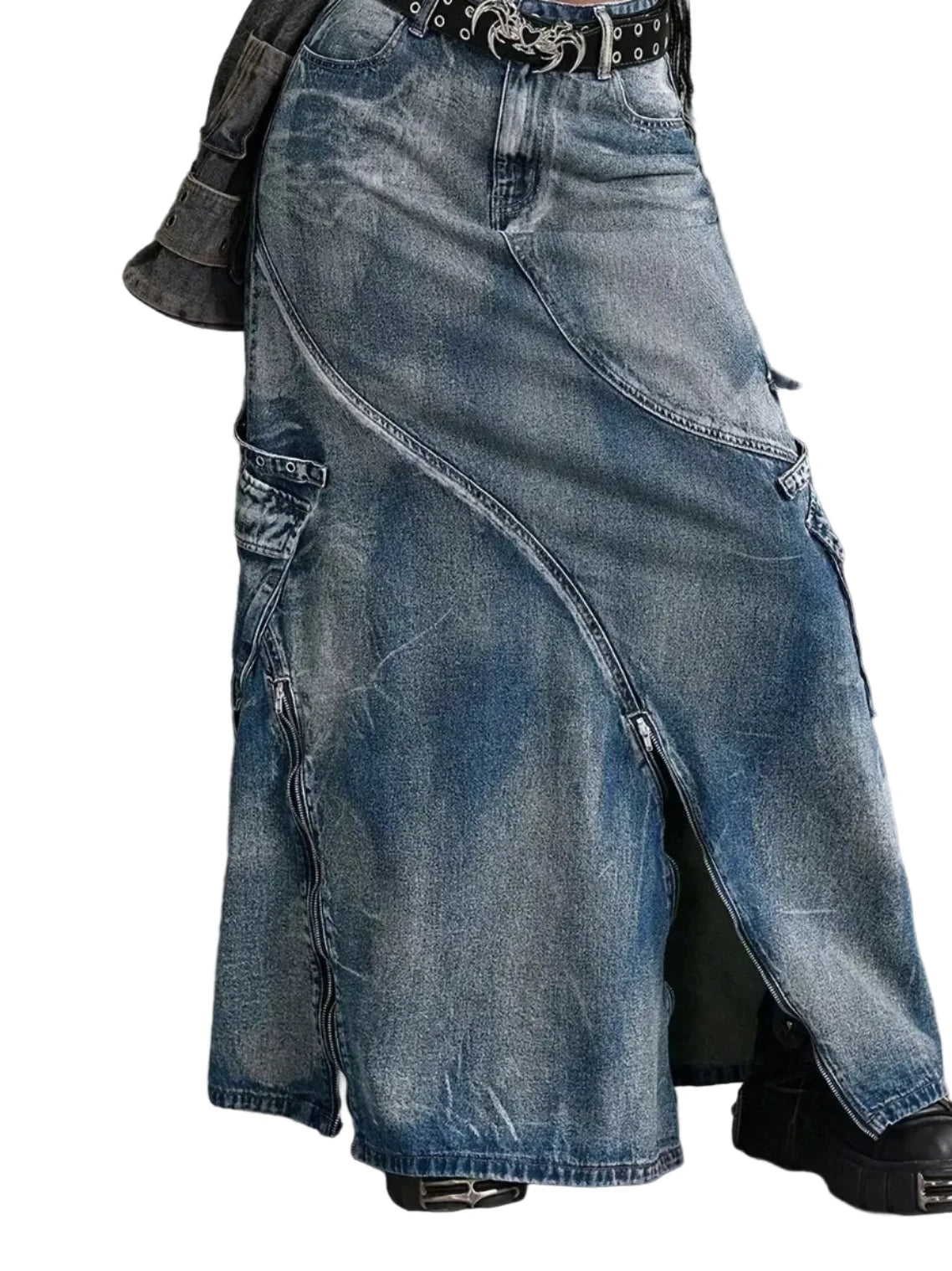 Blue high-waisted denim maxi skirt with front zipper slit and side patch pocket