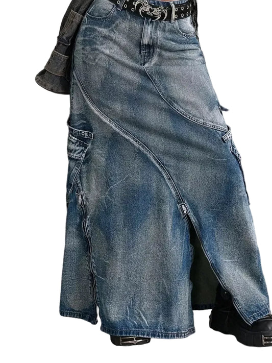 Blue high-waisted denim maxi skirt with front zipper slit and side patch pocket