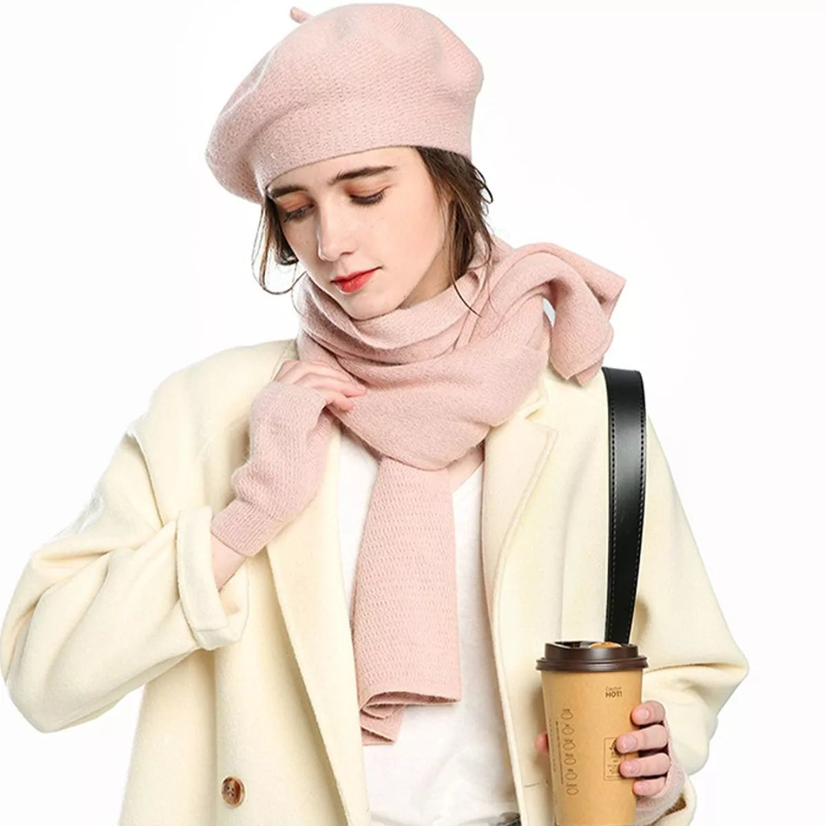 Pink knitted winter set with beret, long scarf, and fingerless gloves, shown worn