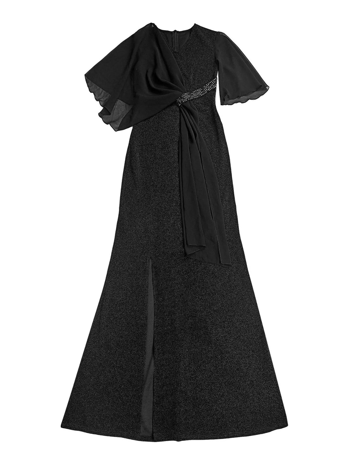 Black maxi dress with flutter sleeves, V-neck, and self-tie waist; draped front