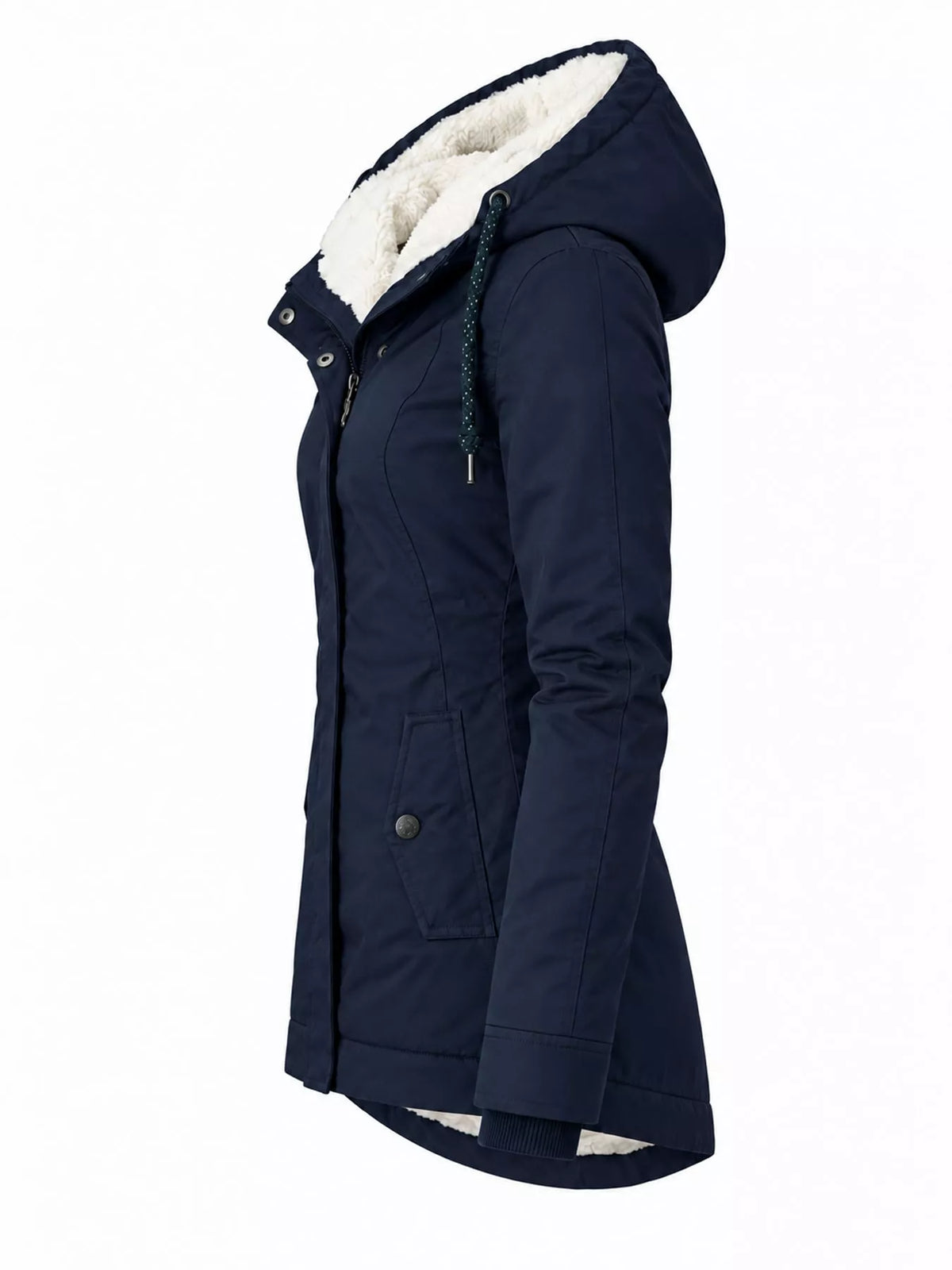 Sherpa-lined hooded parka in navy, side view with front zipper and insulated hood.