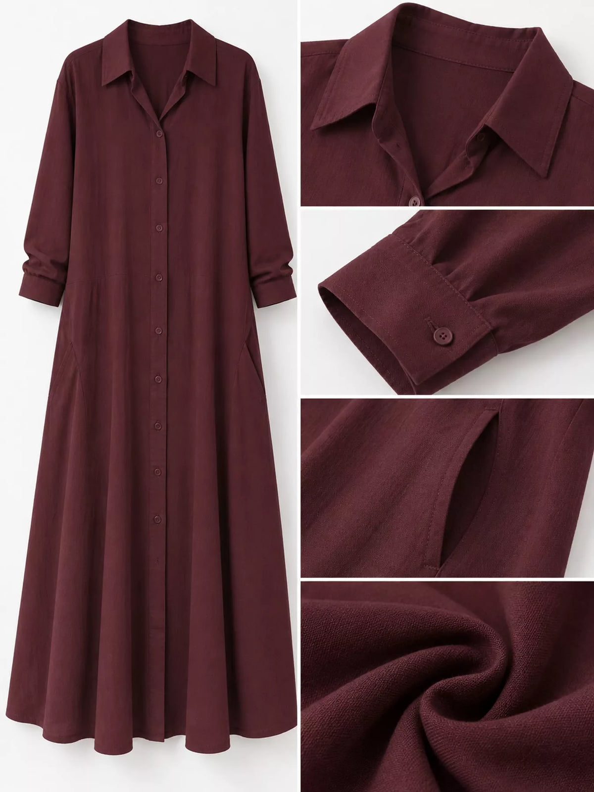 Wine red maxi shirt dress details: button placket, pointed collar, long sleeves