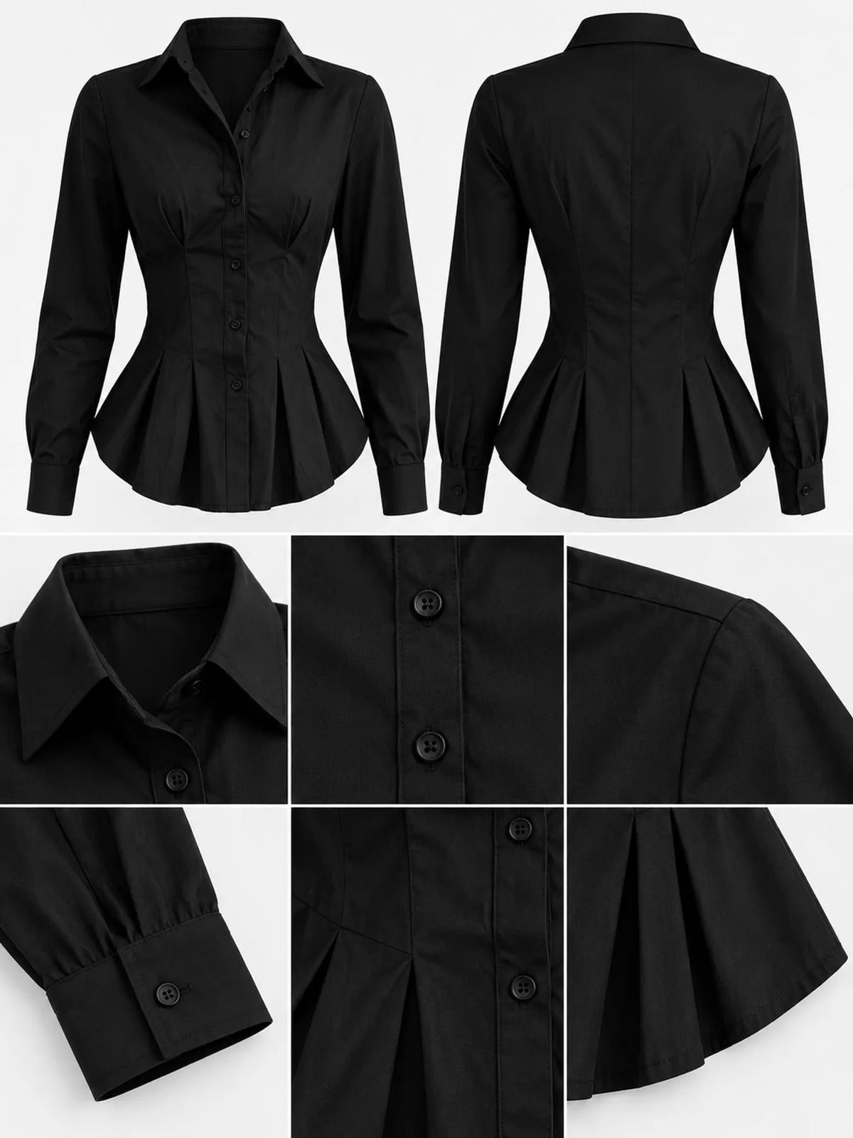 Black button-down peplum blouse front and back views with collar and button detail
