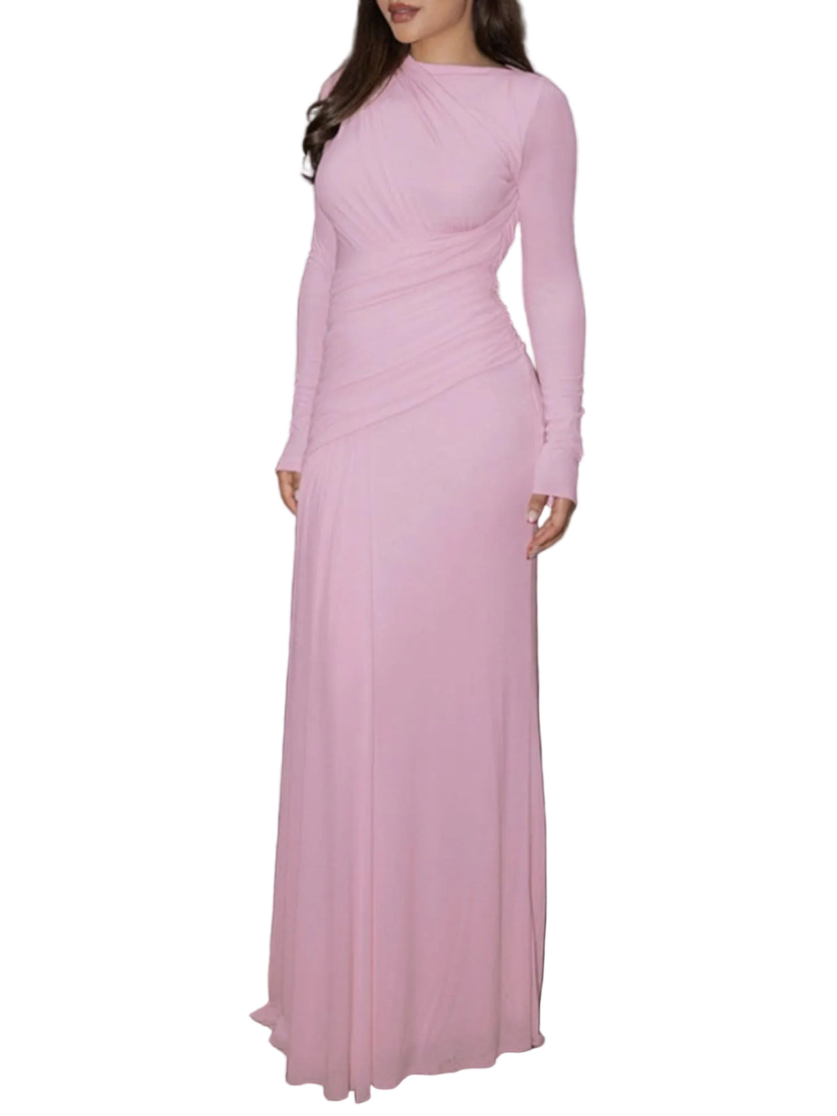 Lilac ruched long-sleeve mermaid maxi dress, full-length fitted skirt with draped seams
