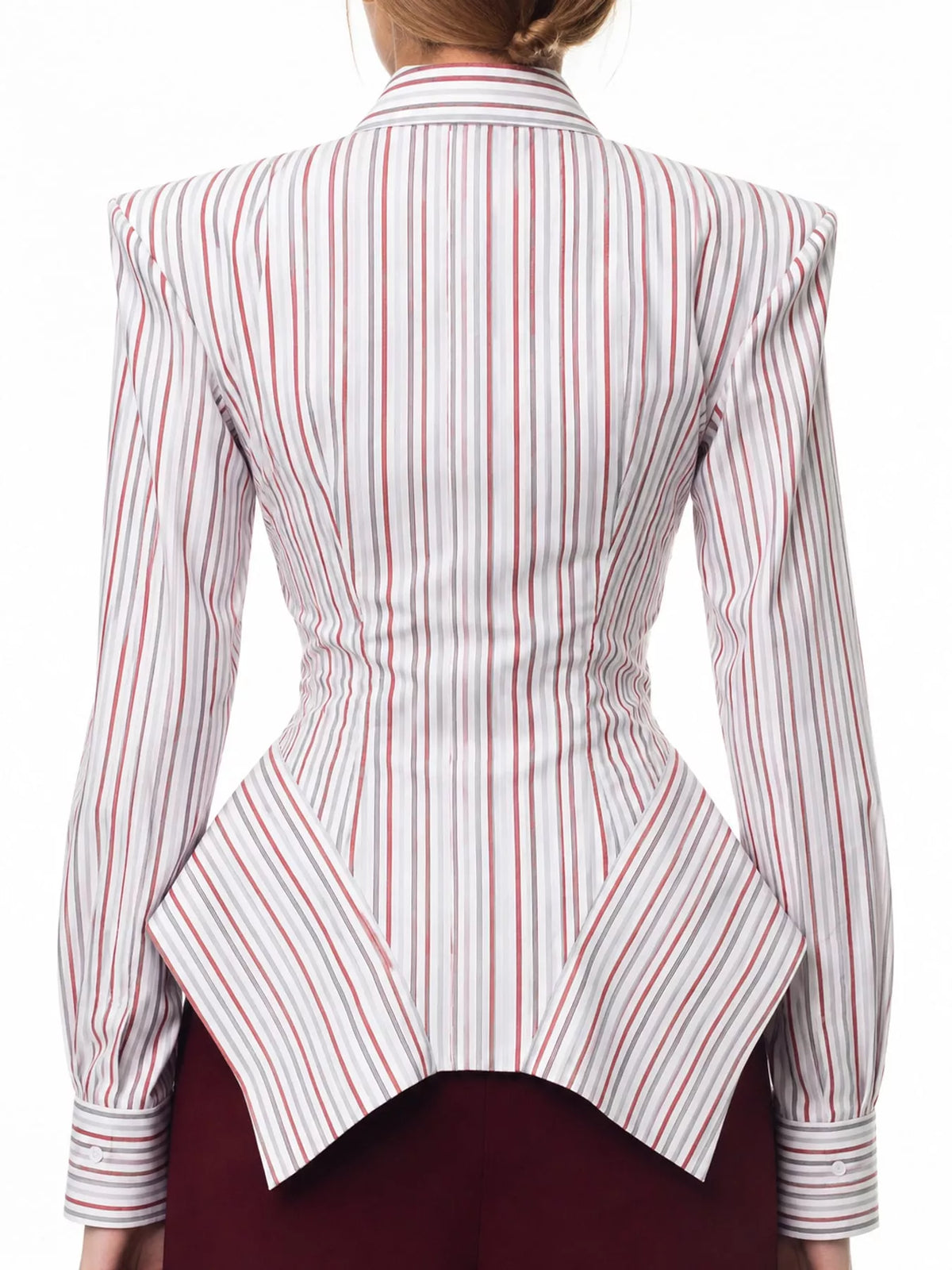 Back view of white-and-red vertical striped button-up long sleeve shirt with tailored waist