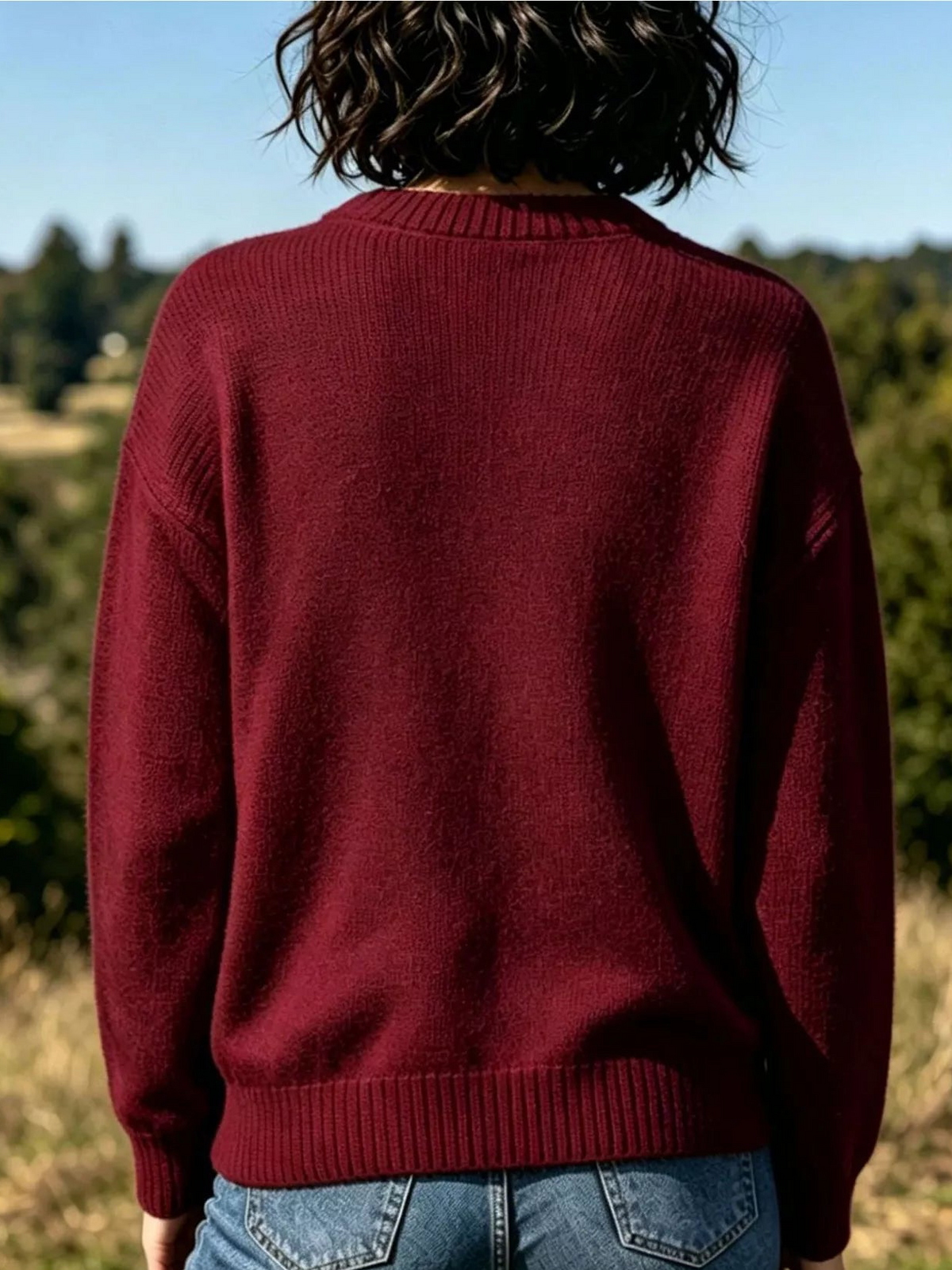 Deep red crew neck sweater, back view with plain knit design