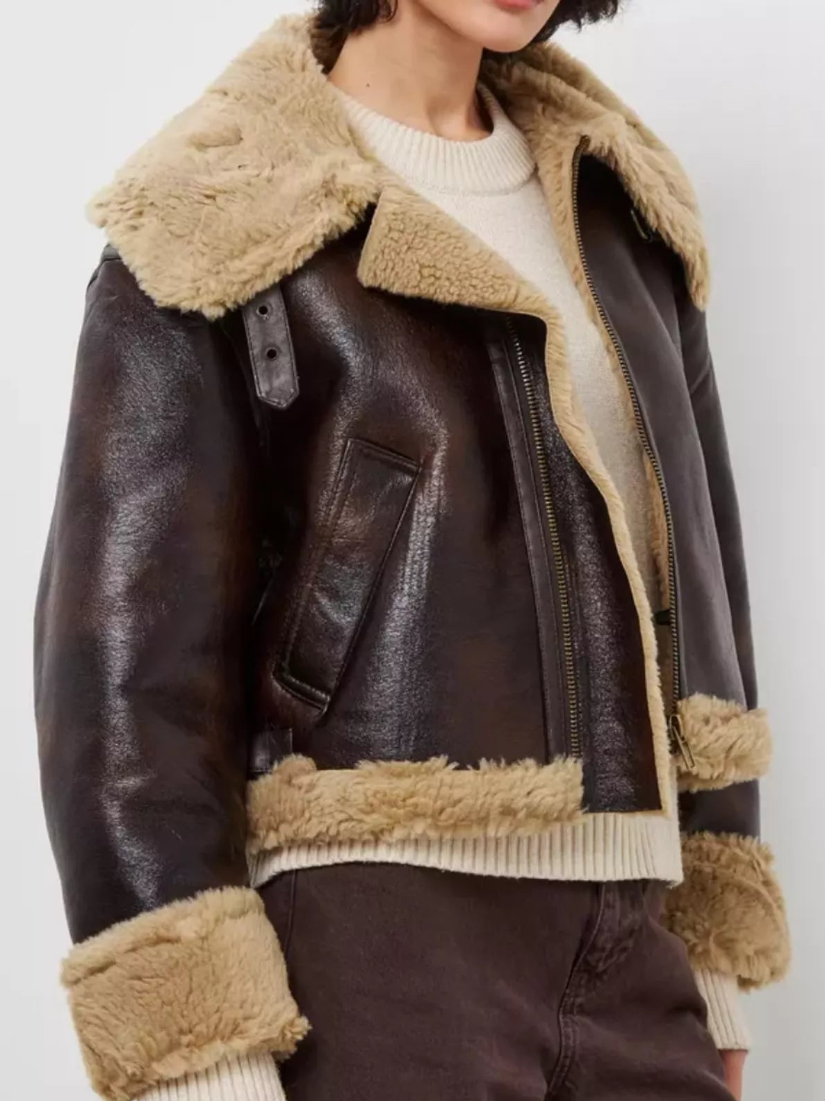 Dark coffee faux leather aviator jacket with shearling lining, zip front, chest pocket detail