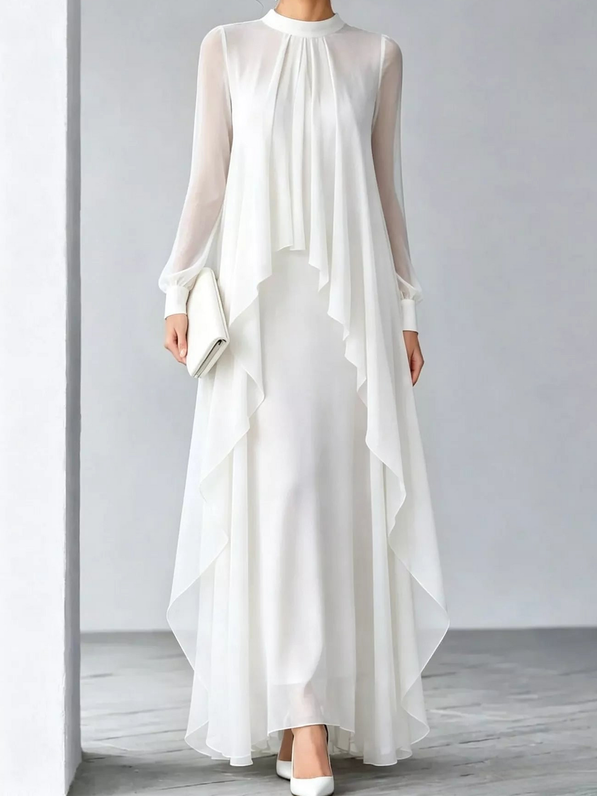 White chiffon maxi dress with sheer sleeves and cascading layered overlay