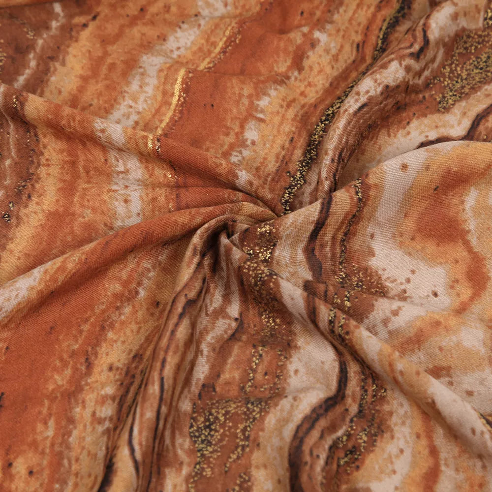 Close-up of brown marble print foil scarf with shimmering gold lines