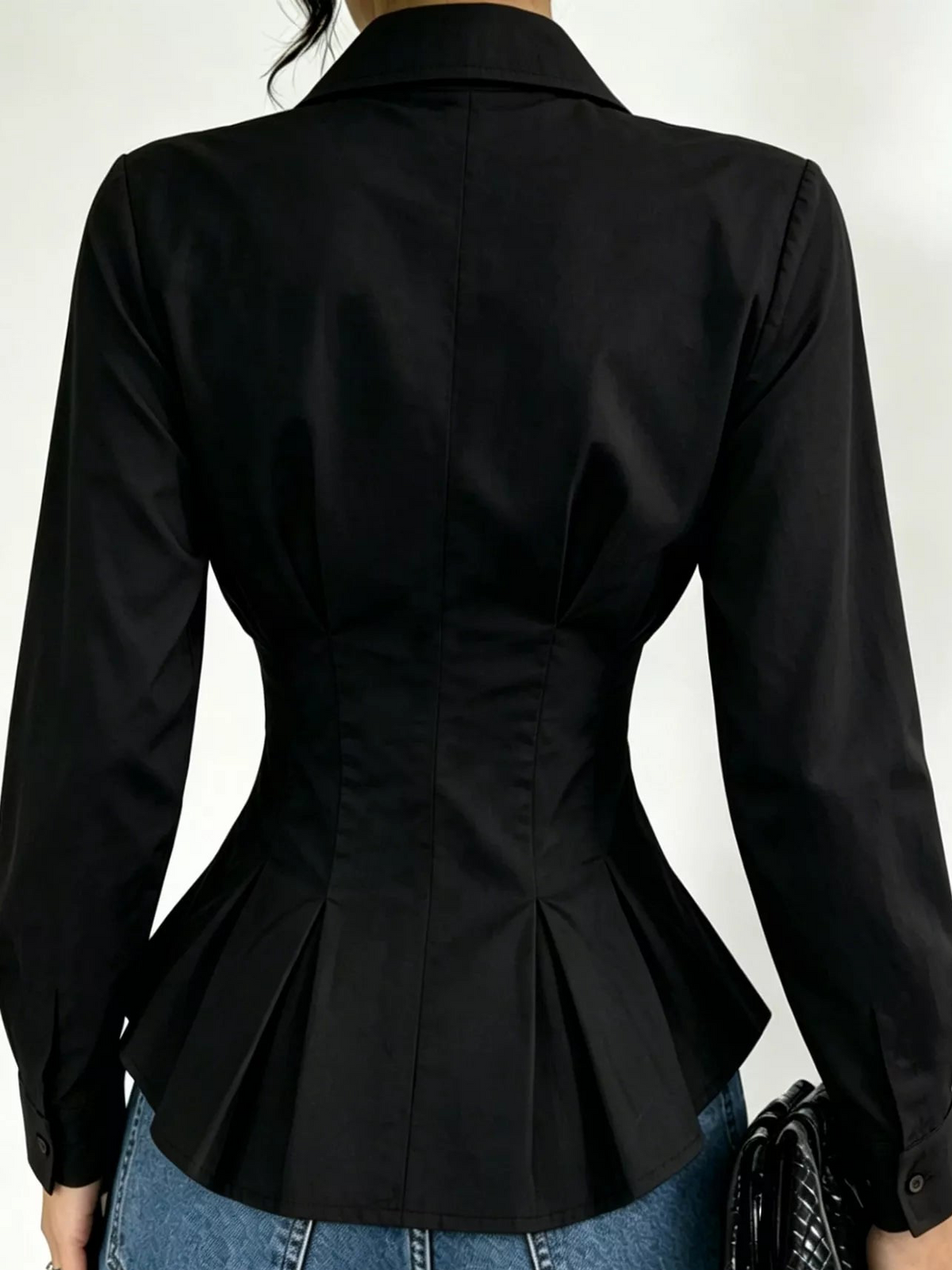 Black peplum button-front blouse, fitted back view with long sleeves