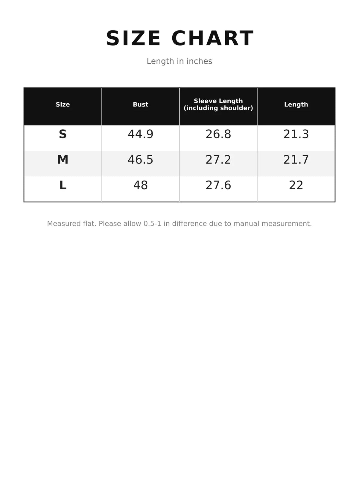 Jacket size chart with S, M, L bust, sleeve length, and jacket length in inches