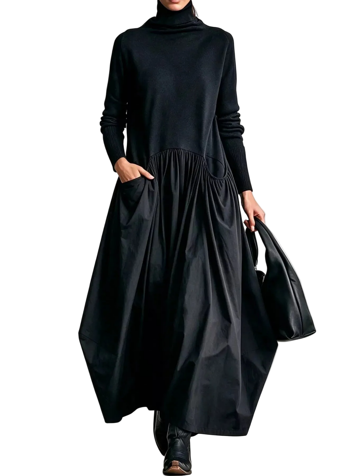 Black turtleneck long-sleeve maxi dress with gathered waist and full draped skirt