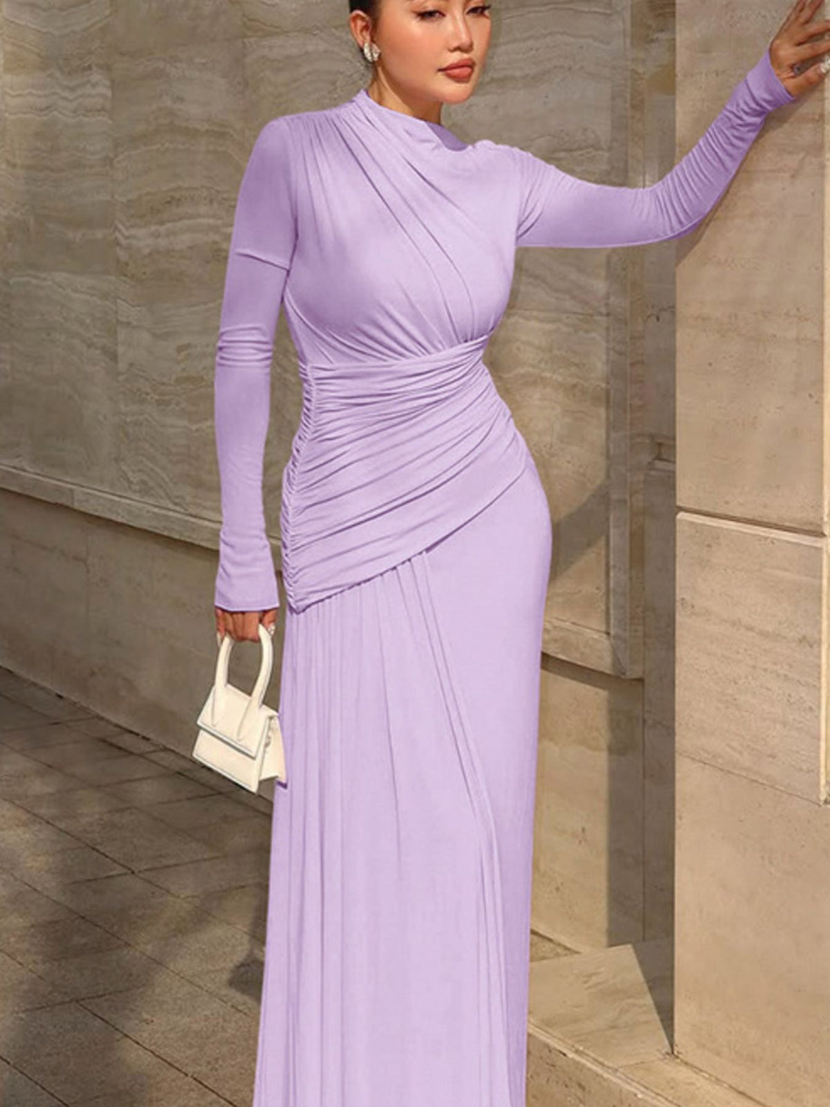 Lilac ruched long-sleeve mermaid maxi dress with draped bodice and long fitted sleeves